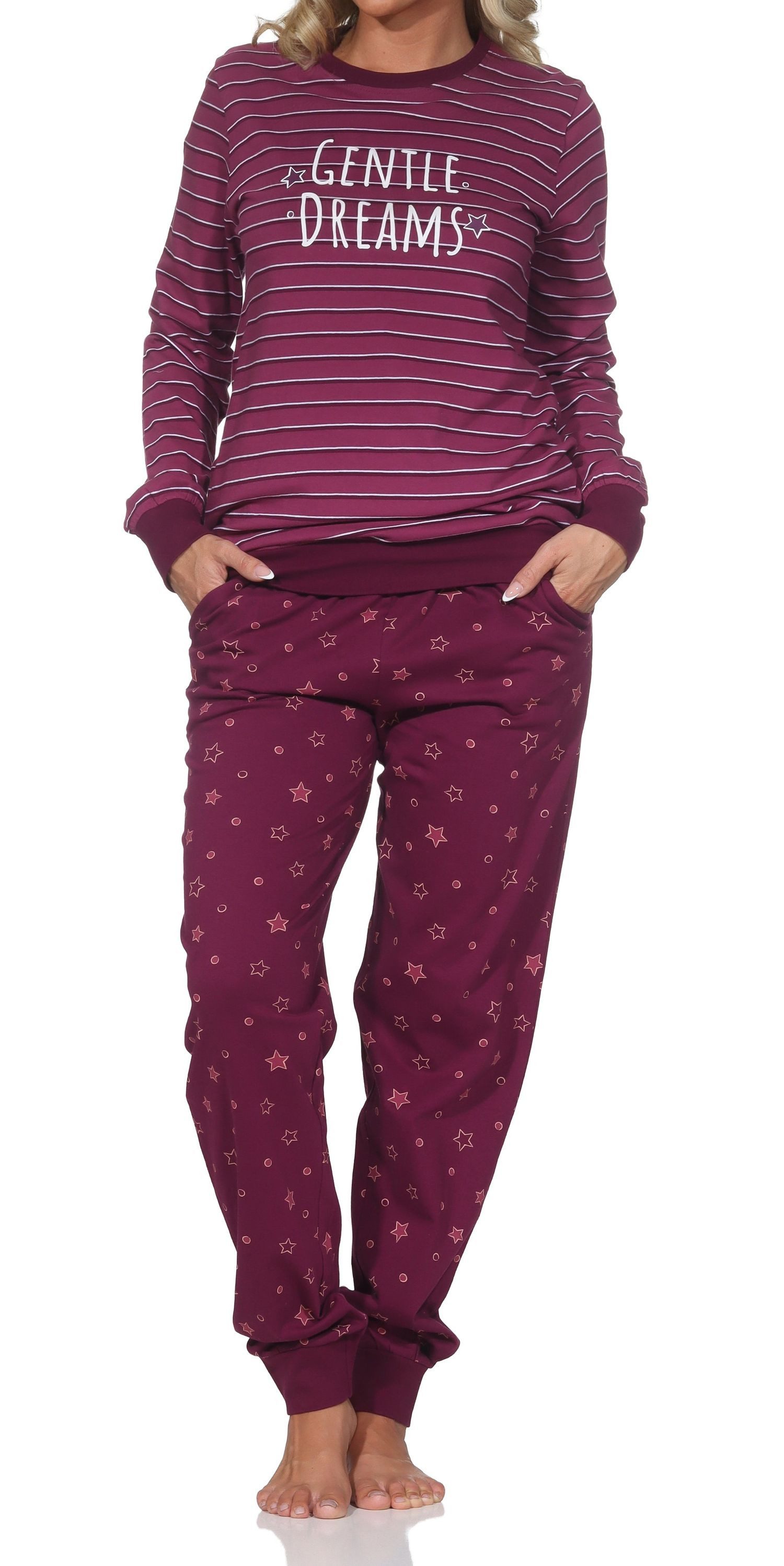 Normann Pyjama Damen Schlafanzug langarm mit Bündchen im Sterne Design