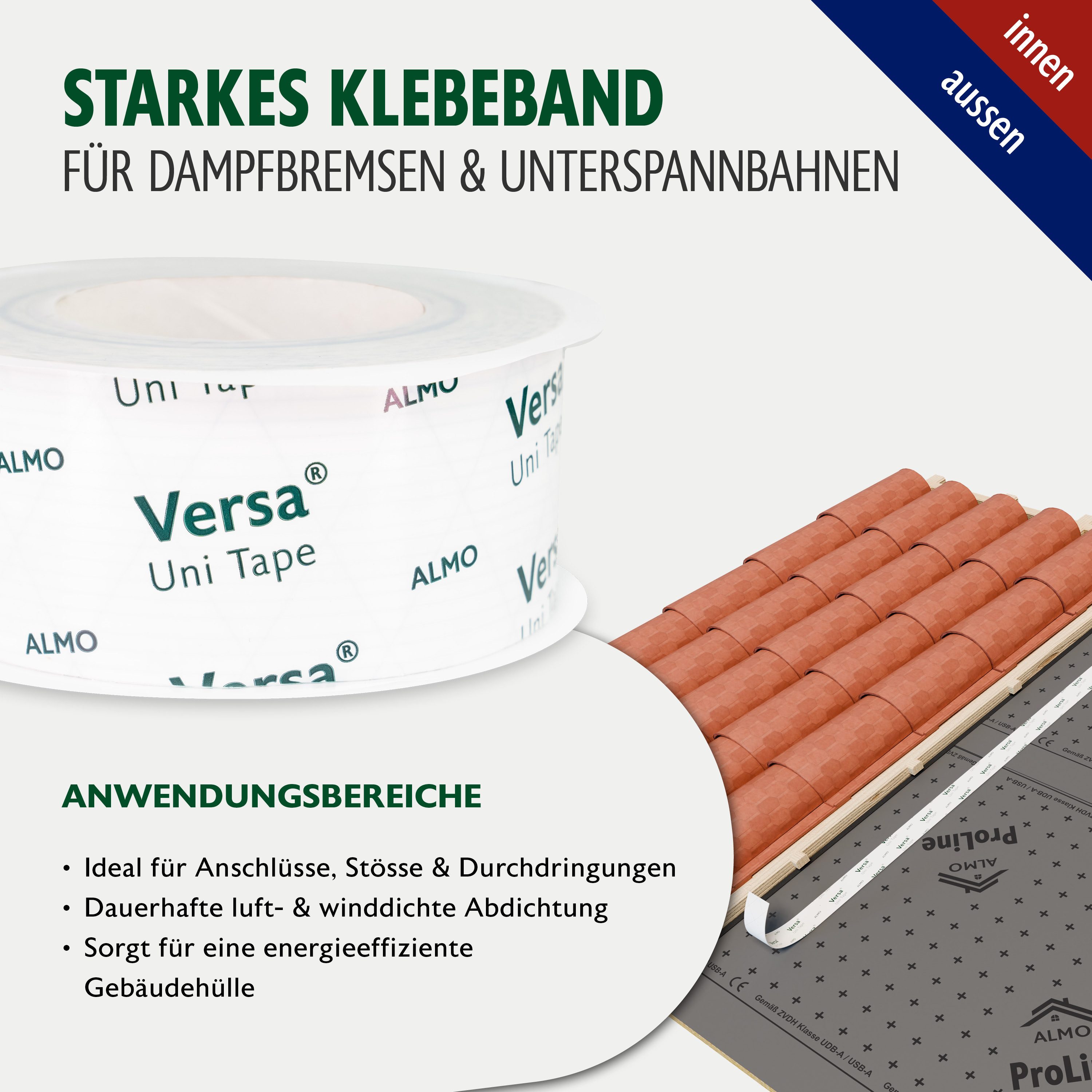 ALMO Dampfsperrklebeband Versa Tape 60 Klebeband für Dampfbremsen & Unterspannbahnen (25m x 60mm, 4-St., Reißfester Liner, Innen & Außen) Für luft- und winddichte Verklebungen von Anschlüssen & Überlappungen