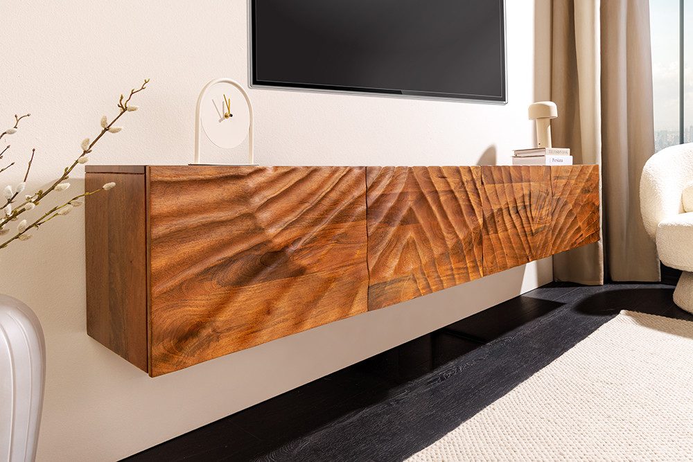 riess-ambiente TV-Board SCORPION 200cm braun Mangoholz - hängend, 3D-Schnitzereien, handmade (Einzelartikel, 1 St), massives Lowboard mit Stauraum, Magnetverschluss & Kabelöffnung