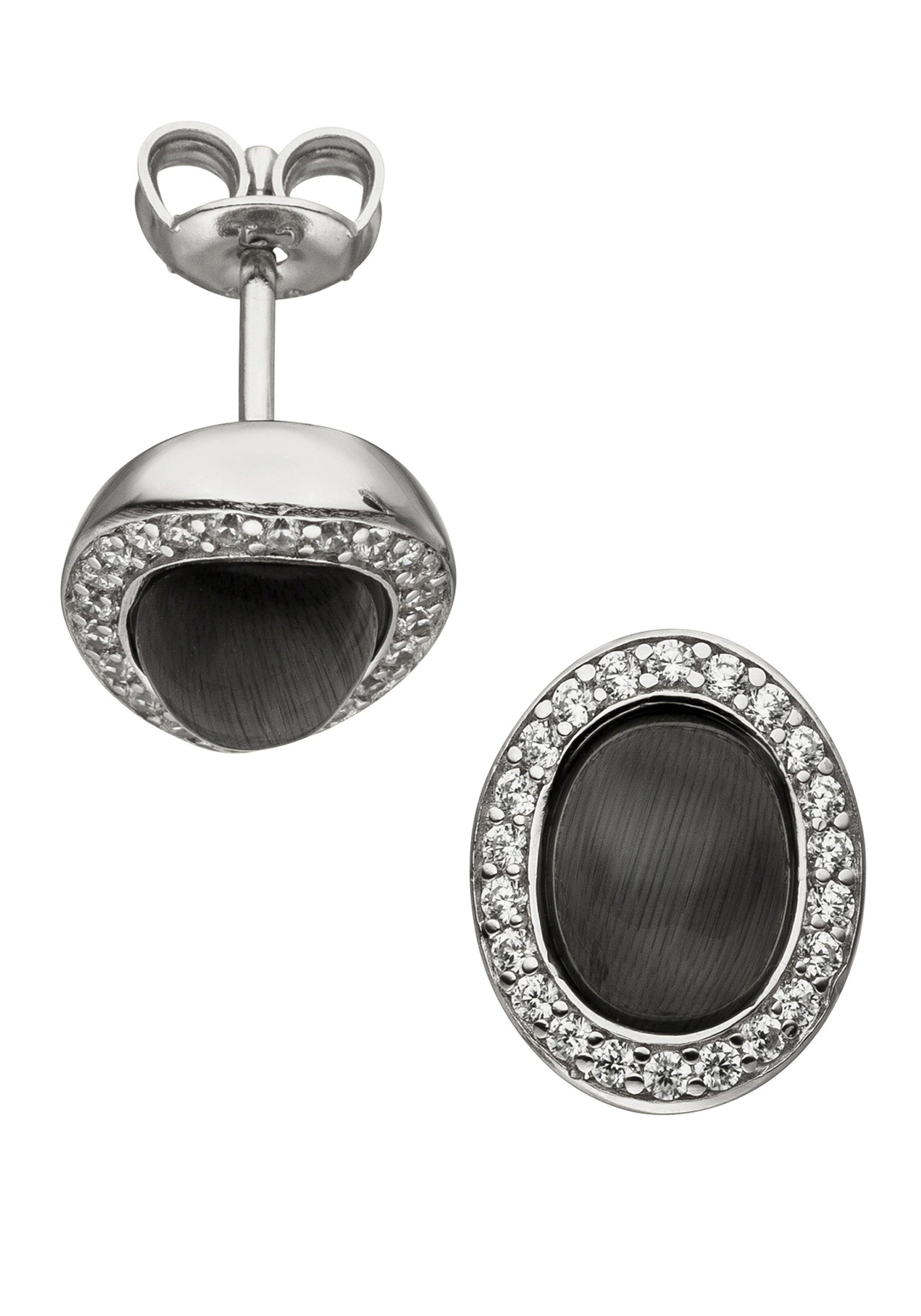 JOBO Paar Ohrstecker Ohrringe Silberohrringe oval 12 mm, 925 Silber mit Mondstein-Imitation und 44 Zirkonia