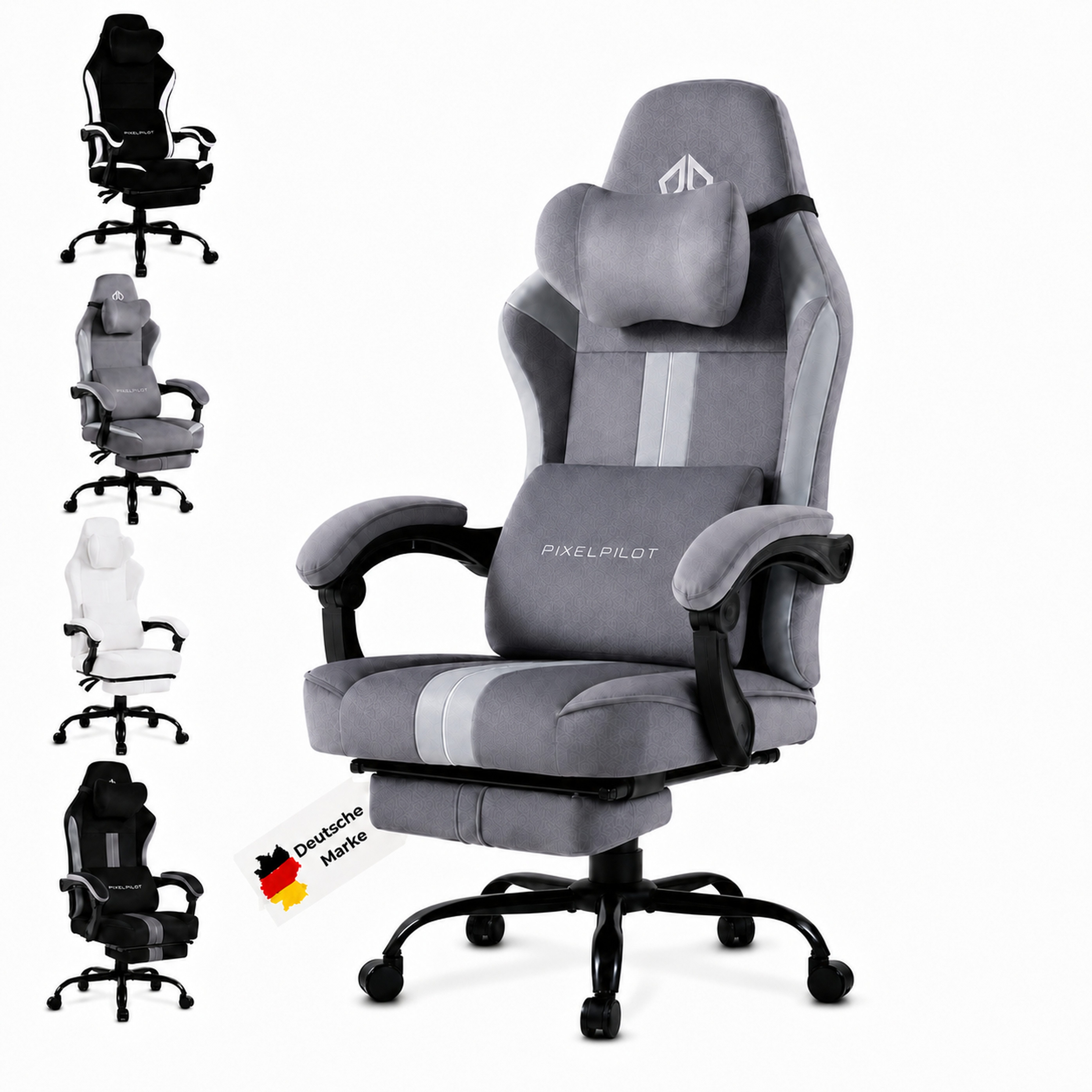 PixelPilot Gaming-Stuhl Ergonomischer Gaming-Stuhl, breite Sitzfläche, Fußstütze, bis 150 kg (Einzelartikel), Ergonomisch, atmungsaktiv, breite Sitzfläche, Rückenlehne 90°-135°