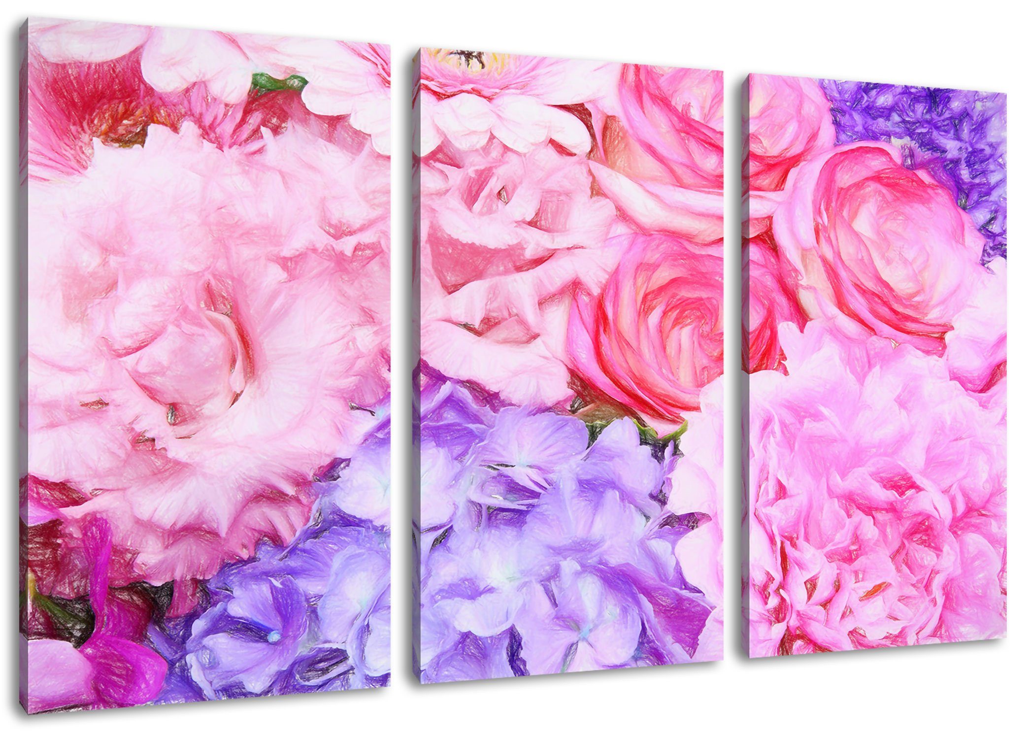 (120x80cm) inkl. Leinwandbild (1 fertig prachtvoller Zackenaufhänger Blumenstrauss Leinwandbild bespannt, 3Teiler Pixxprint Blumenstrauss, prachtvoller St),