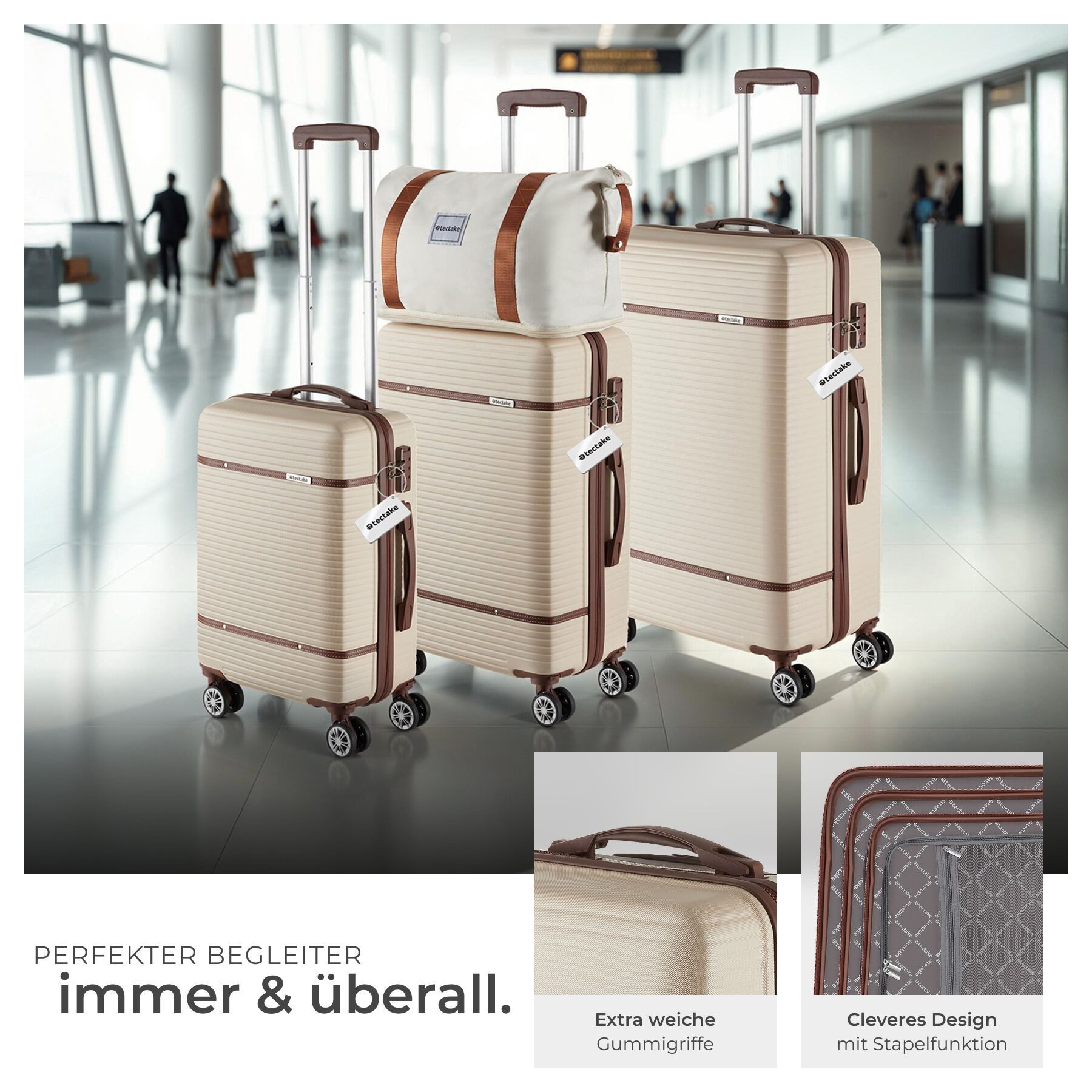tectake Trolley Hartschalenkoffer-Set 13-tlg. ABS-Kunststoff, inkl. Kofferwaage, 4 Rollen, TSA-Sicherheitszahlenschloss, 360° drehbare, abnehmbare Doppelrollen
