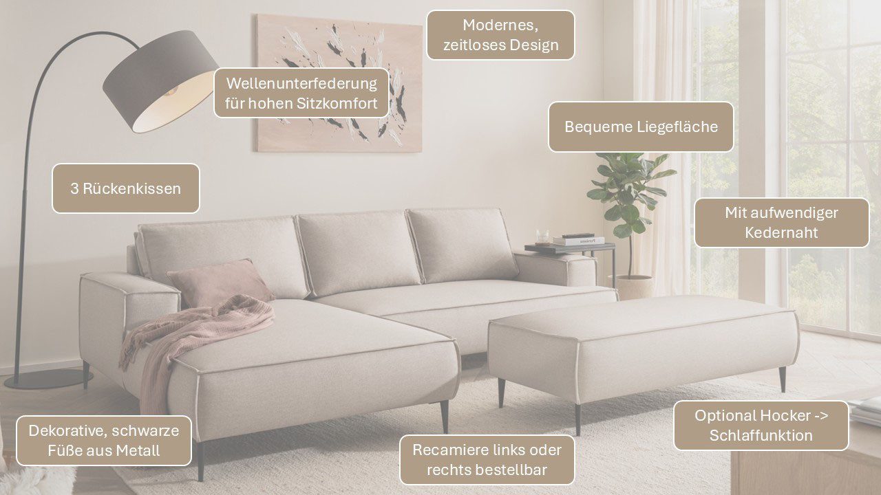 Home affaire Sitzgruppe TVINNU, Polsterecke L-Form, Schlaffunktion, mit Hocker, (Set), Set, stellbar zum Schlafsofa (Krokodilverbinder)