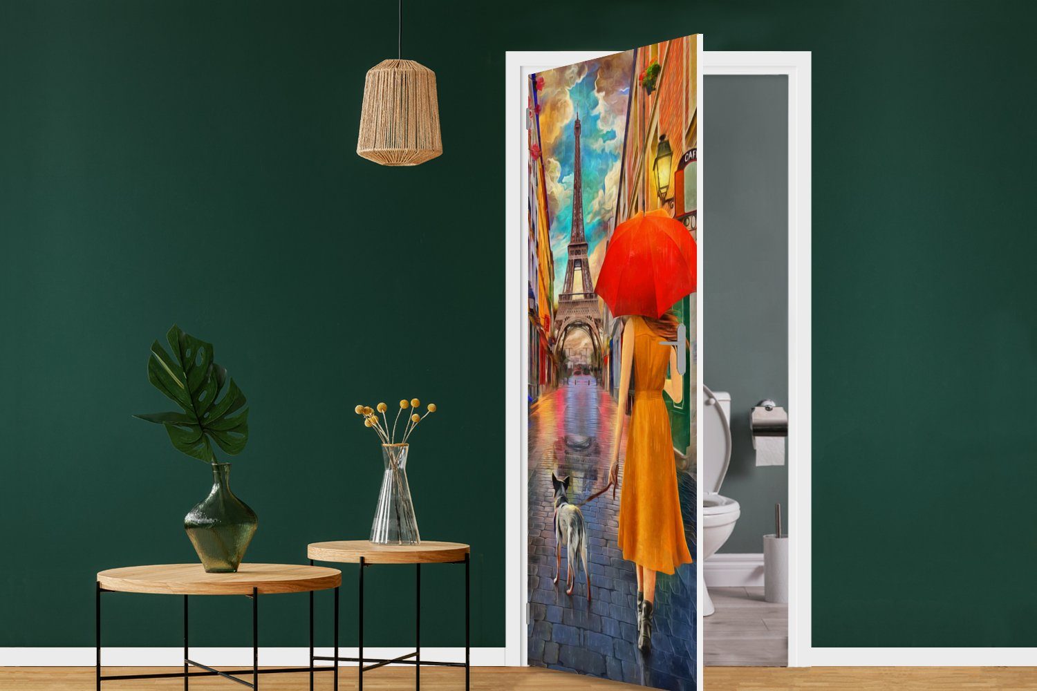 - für - Paris, St), Tür, Ölfarbe Hund - (1 Gemälde cm MuchoWow Türaufkleber, bedruckt, Frau Fototapete Matt, 75x205 Türtapete -