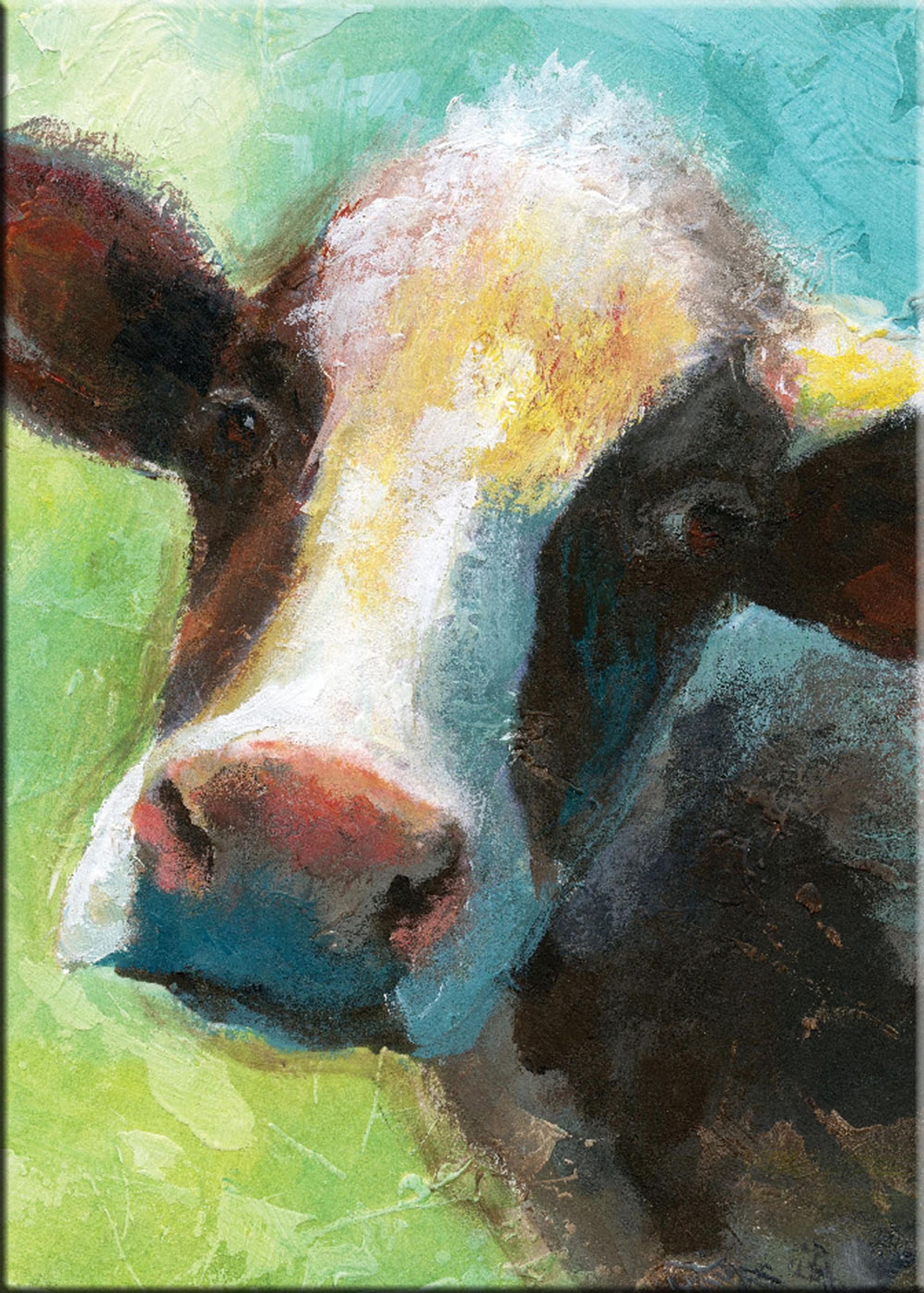 artissimo Leinwandbild artissimo Bild auf Leinwand 50x70cm Kunst-Edition Tiere Kuh Rind grün, Nan: Colorful Quirky Cow