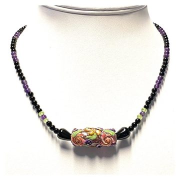 Collier Halskette Onyx Hangefertigte Glasperle Amethyst Peridot Magnetschließe