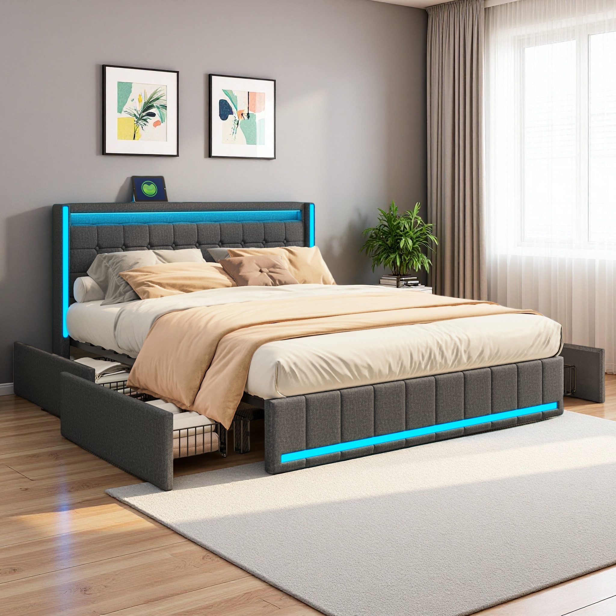 ADWOLT Polsterbett Doppelbett Stauraumbett mit 4 Schubladen, 180x200 cm,mit LED Licht und USB+Type C,Gepolstert,Leinenstoff,Grau – Bild 5 von 5