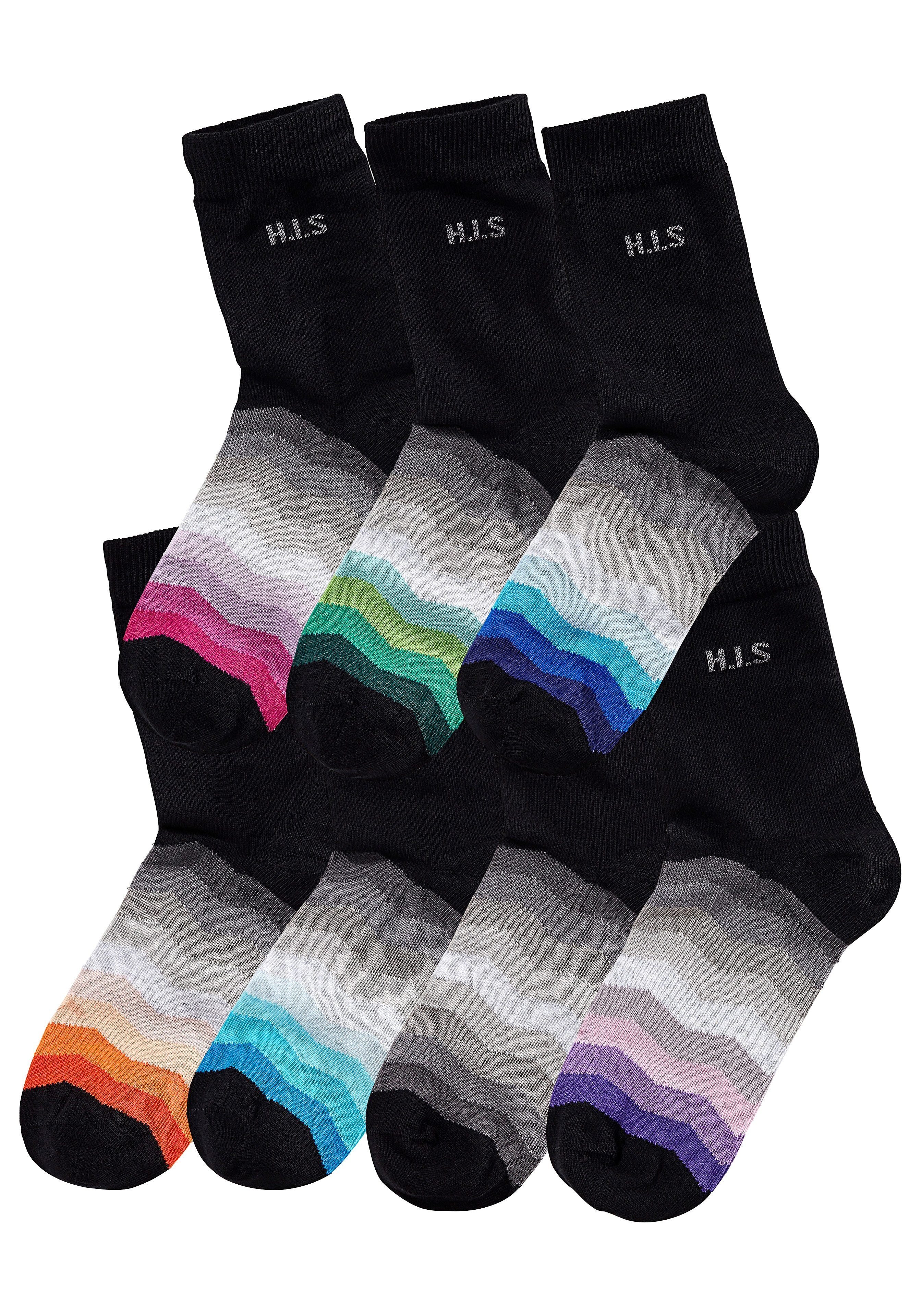 H.I.S Basicsocken Bunte Damen Baumwolll Socken, Atmungsaktiv & Bequem (Packung, 7-Paar, Gr. 31-34 bis Gr. 39-42) mit schwarzem Schaft