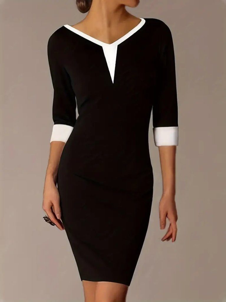 Midikleid JANE'S Damen Kurzarm V-Ausschnitt Blockfarbenes Kreppkleid