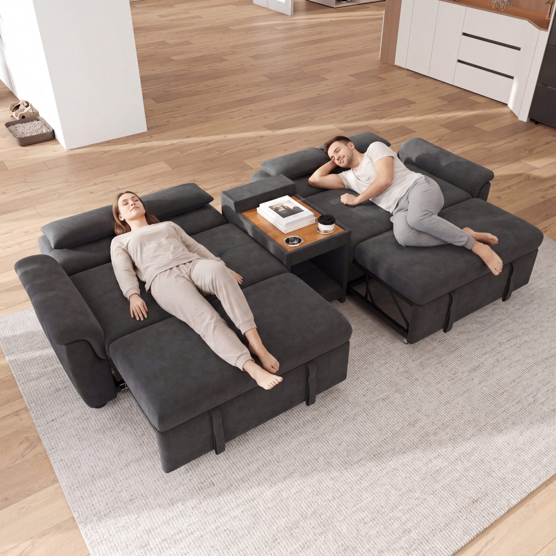 Merax Schlafsofa 4-Sitzer U-Form Schlafsofa Ausziehbar, Doppelbett Sofa, 1 Teile, Bettsofa mit Haustierbereich, Becherhalter, 4 Kissen, Chenille