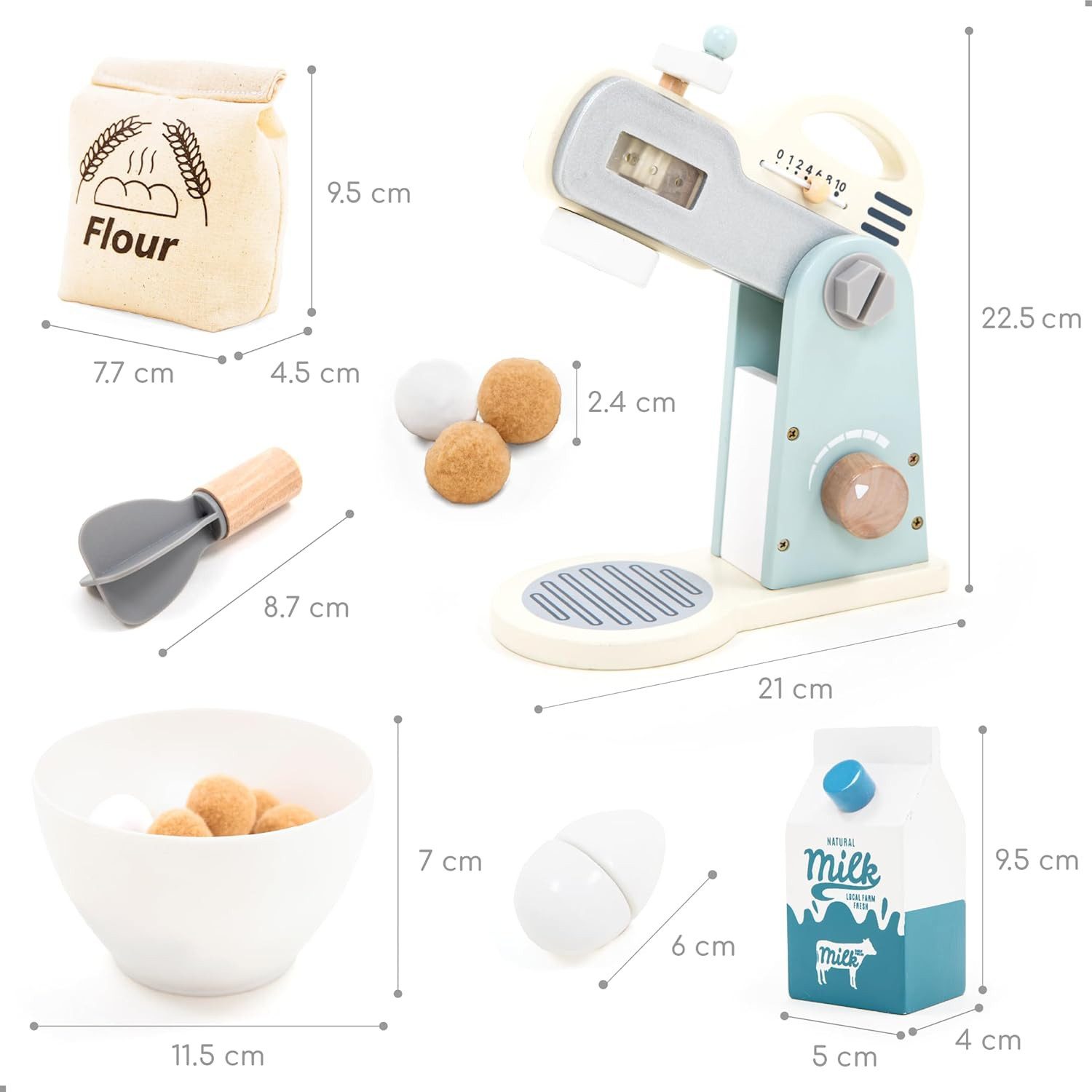 Esun Spielküche Mixer Spielset aus Holz – mit Rührschüssel, Schneebesen, Zutaten, Küchenmixer Spielzeug. Küchenzubehör kleine Köche