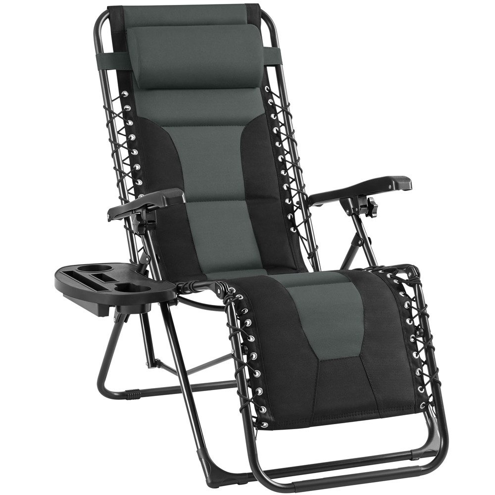 Yaheetech Gartenliege Zero-Gravity-Liegestuhl 64 cm B Klappbar & Tragbar, Klappstuhl mit Auflage & Becherhalter & Kopfkissen