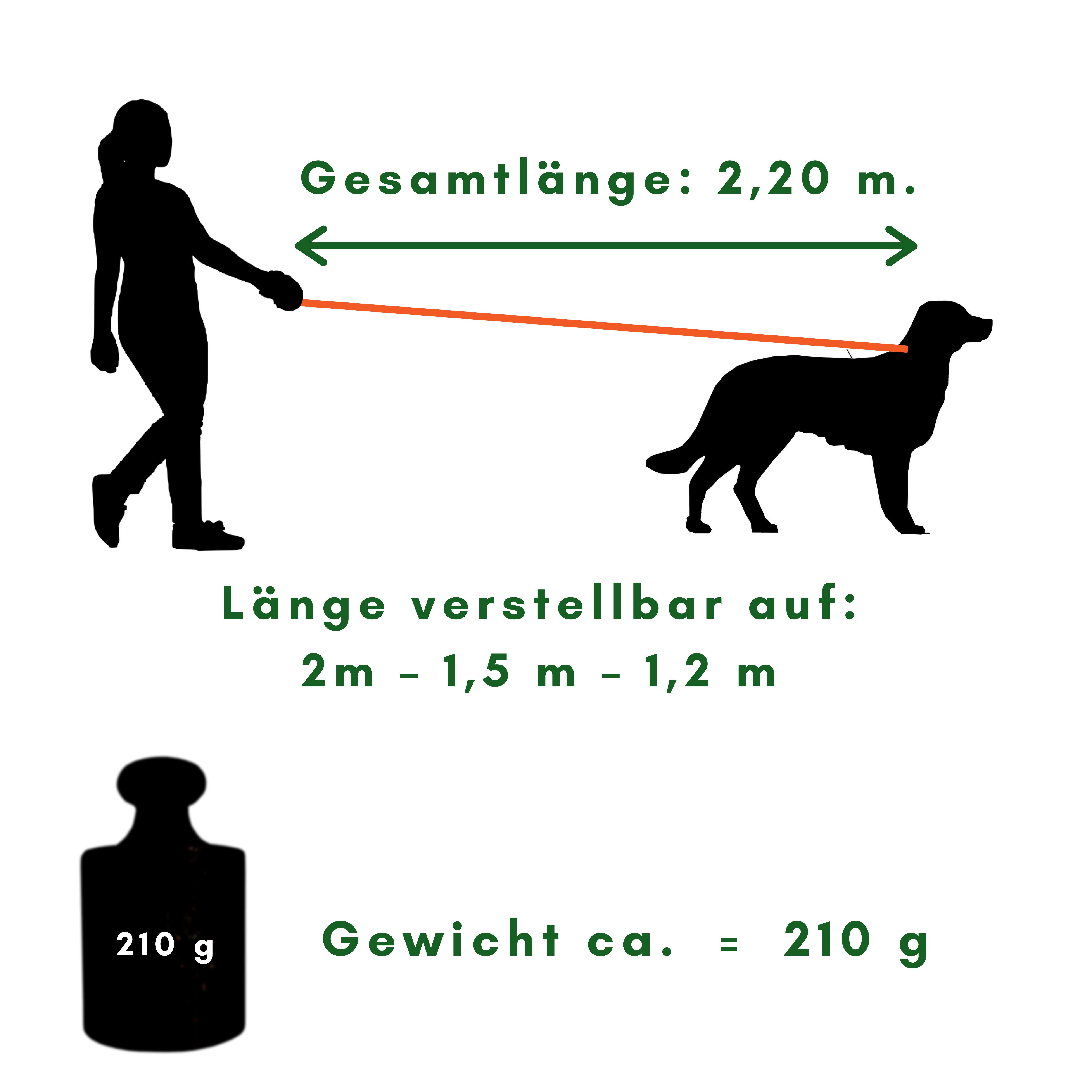 VINUR® Hundeleine 3-Fach verstellbar, Gesamtlänge: 2,20 m, variabel verstellbar auf ca: 2 m – 1,5 m – 1,2 m