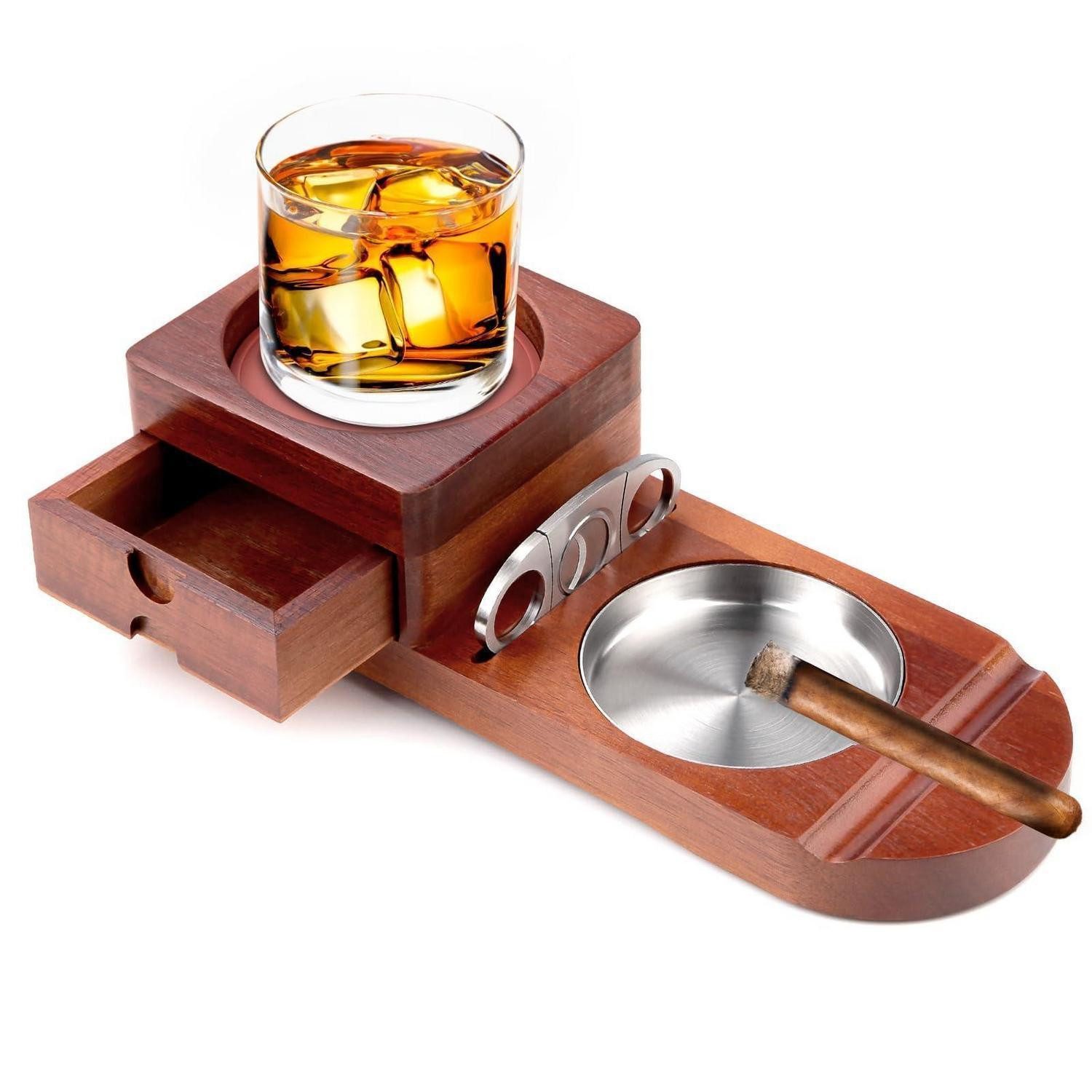 LuxusKollektion Aschenbecher Zigarrenaschenbecher Holz Set Braun mit Schublade
