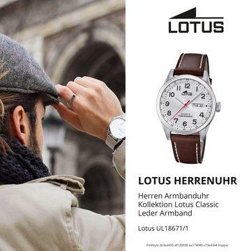 Lotus Quarzuhr LOTUS Herren Uhr Elegant 18671/1 Leder, (Analoguhr), Herren Armbanduhr rund, groß (ca. 42mm), Lederarmband braun