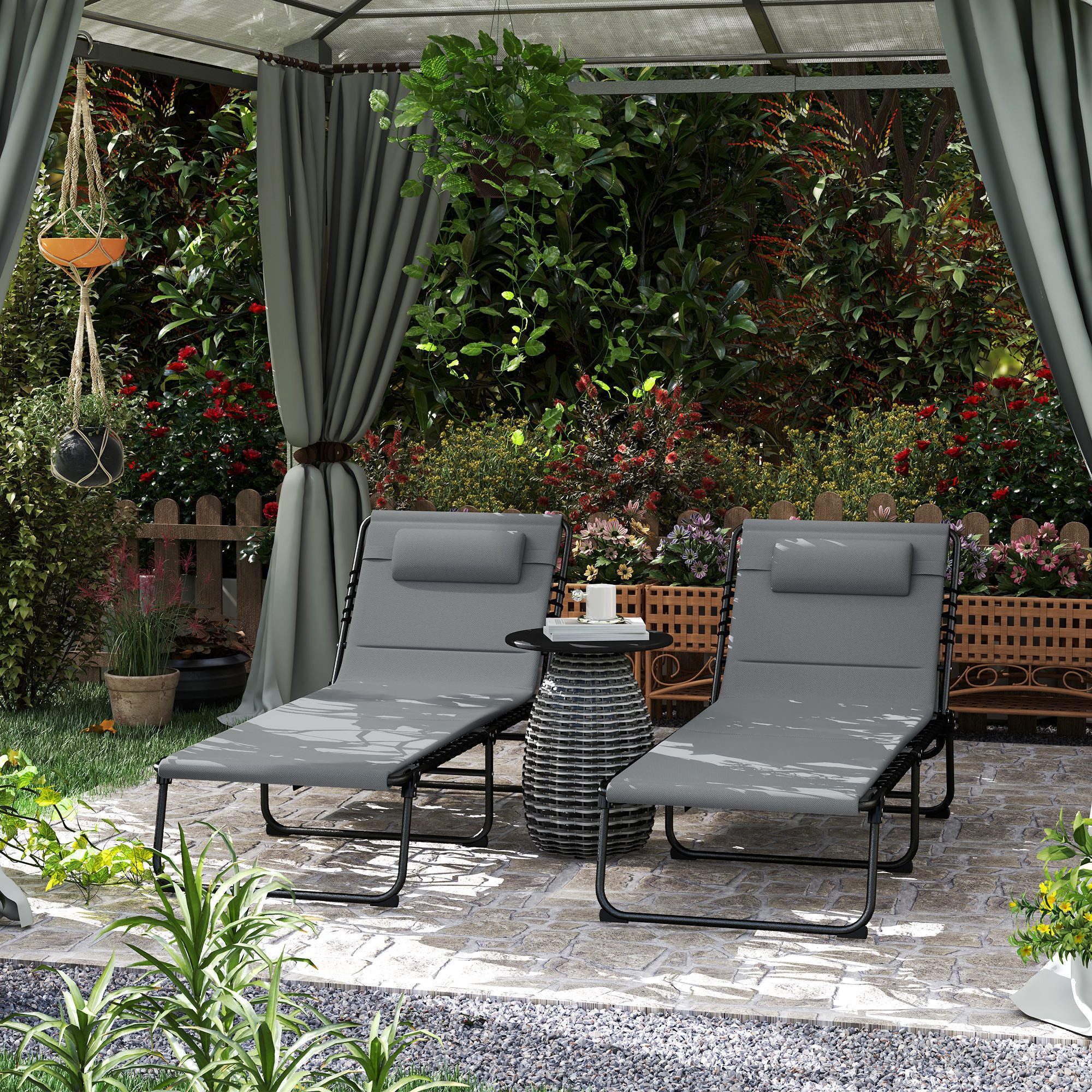 Outsunny Gartenliege mit Kopfkissen, 5-Fach höhenverstellbarer Rückenlehne, Seitentasche, Liegestuhl, 2 St., Sonnenliege, für Pool, Strand Dunkelgrau