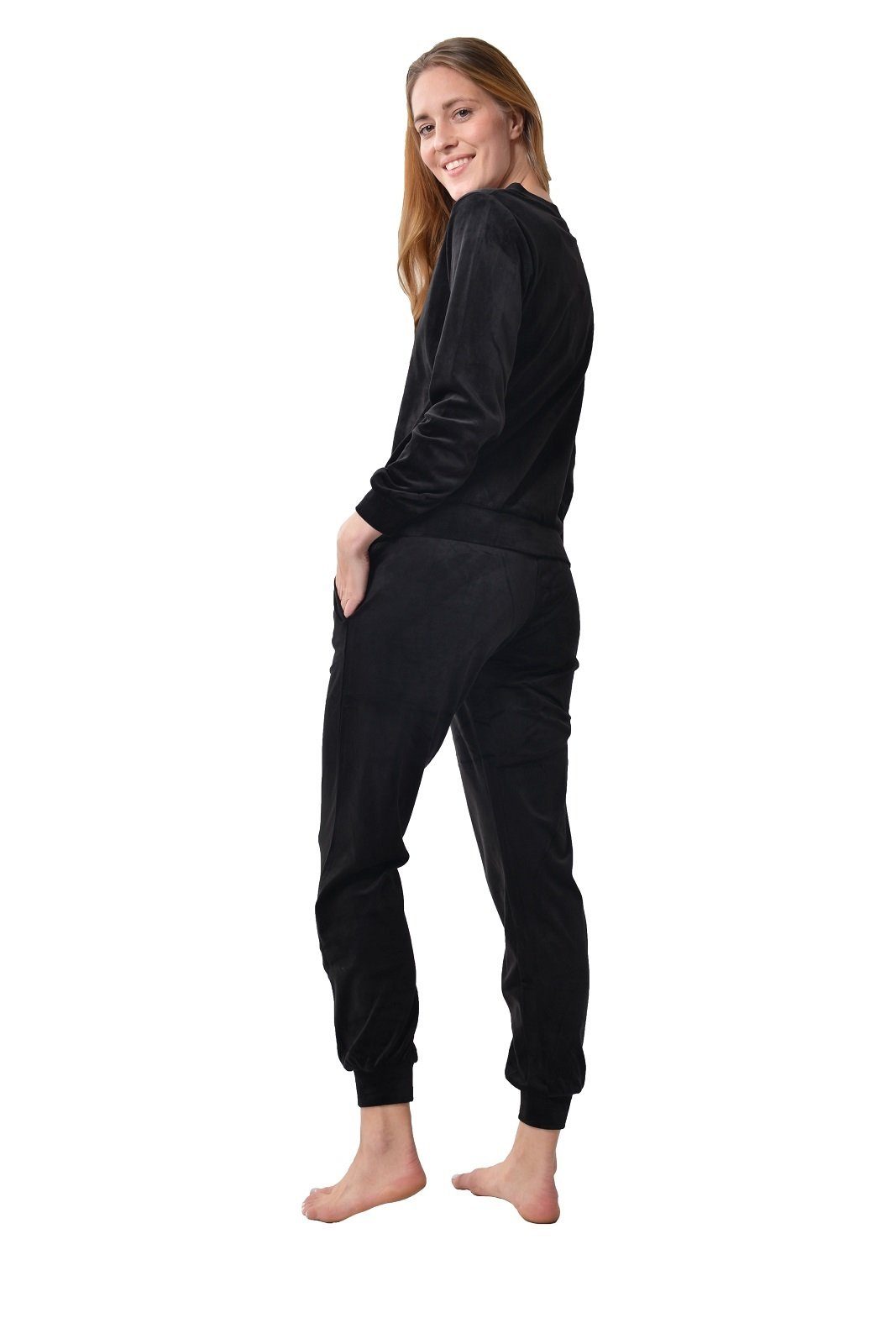 RAIKOU Hausanzug elegant Homewear Freizeitanzug Fitnessanzug (2-Teiliger Jogginganzug Trainingsanzug smartweiche Nicki, 2 tlg) am Ausschnitt mit hellem Stassstein