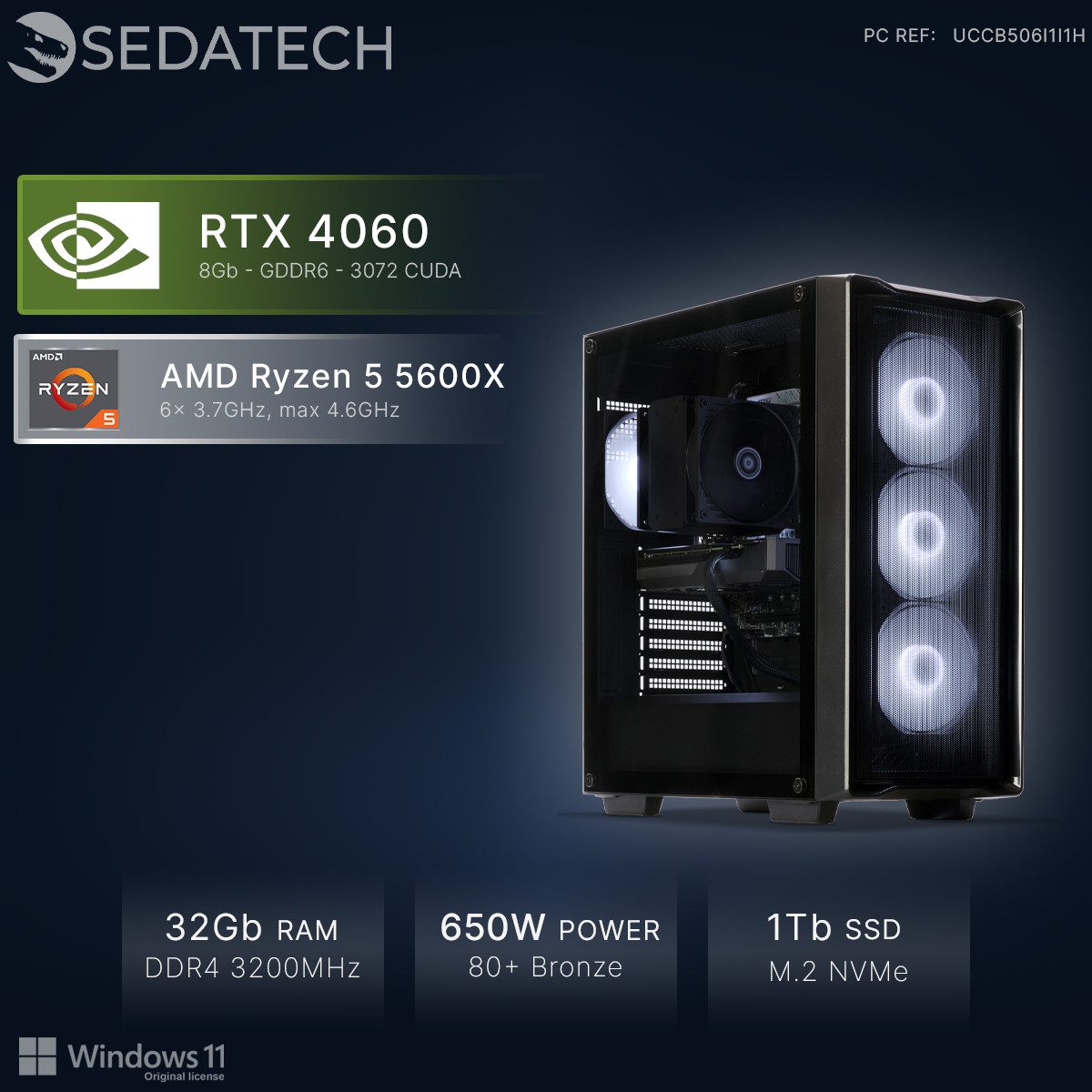 Sedatech UCCB506I1I1HF - Gaming-PC (AMD Ryzen 5 5600X 6x 3.7GHz (max 4.6GHz), Geforce RTX4060 8GB, 32 GB RAM, 1000 GB SSD, Wlan 4)