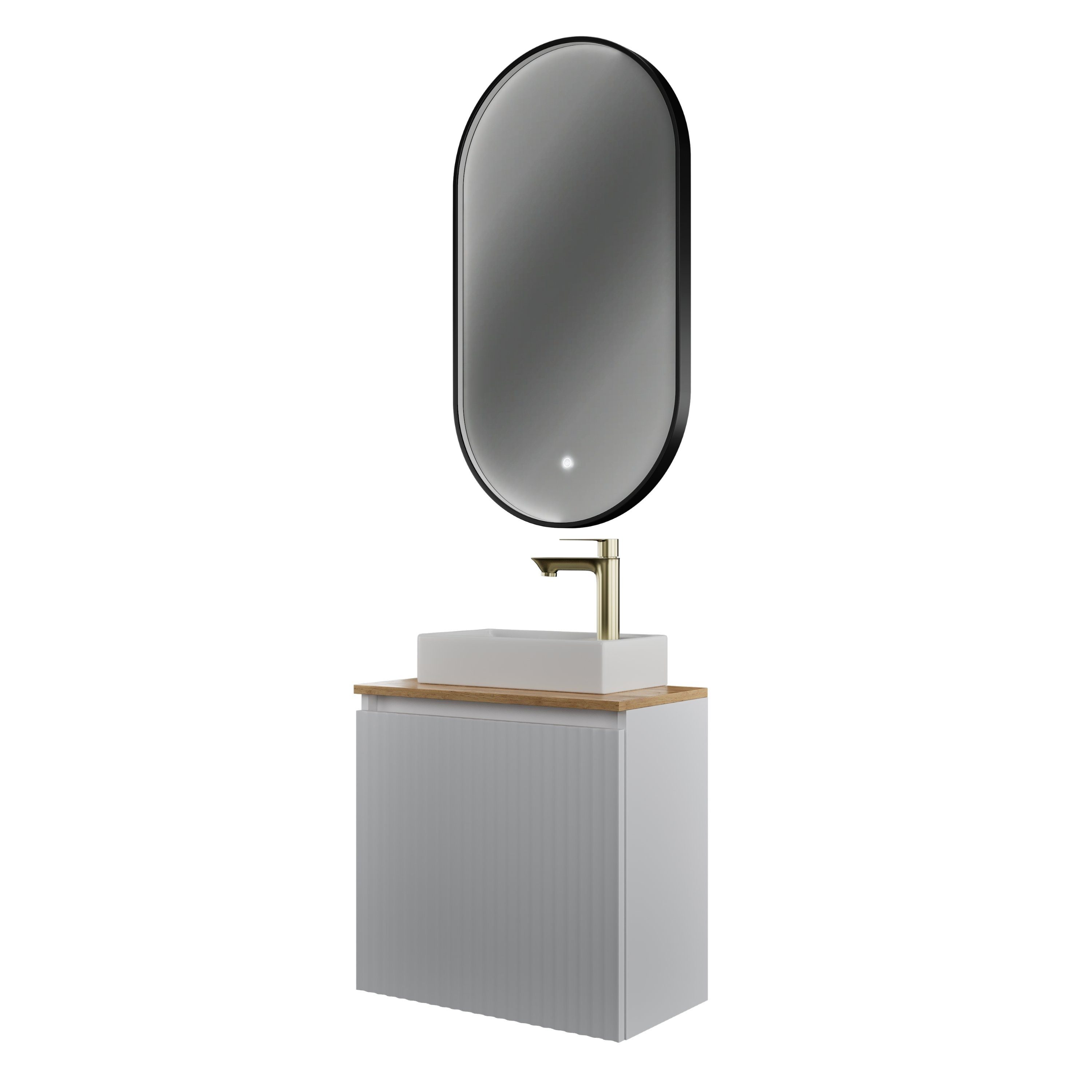Planetmöbel Waschtisch-Set Badmöbel Set Waschtisch 55 cm mit GLORA LED Spiegel, (Waschbeckenunterschrank, 2-St., Spiegel), mit Badspiegel mit Rahmen & Beleuchtung 50x90cm