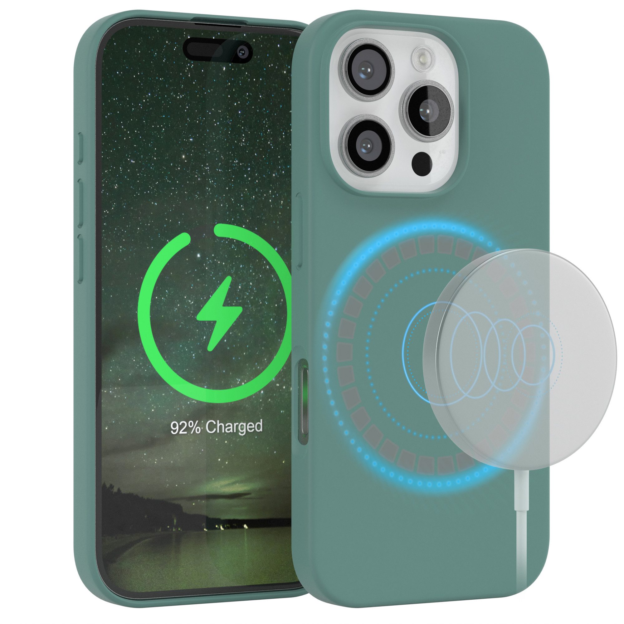 EAZY CASE Handyhülle Silikonhülle mit MagSafe für Apple iPhone 16 Pro 6,3 Zoll, Smart Slimcover Displayschutz Handycover Hülle mit MagSafe Dunkelgrün