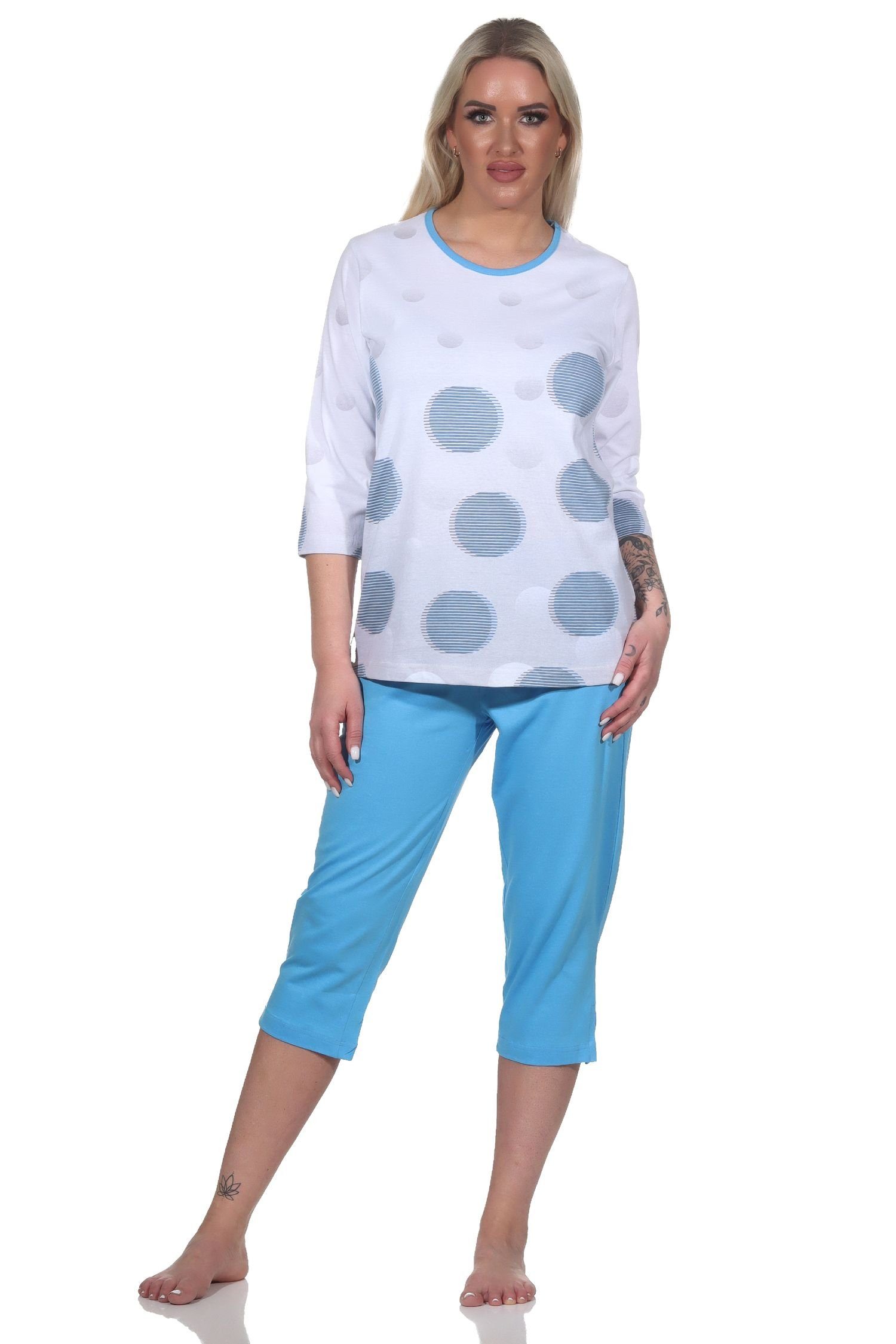 Tupfen Pyjama Capri - in kurzarm Damen Normann in Schlafanzug Optik blau Übergrößen auch