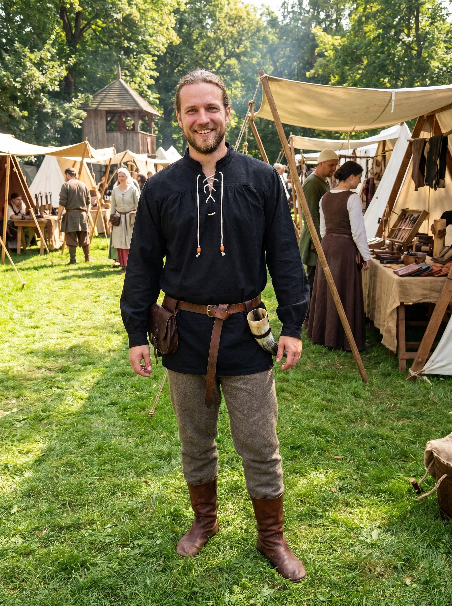 Vehi Mercatus Wikinger-Kostüm Klassisches Mittelalter Hemd oder Schnürhemd schwarz "Anno"