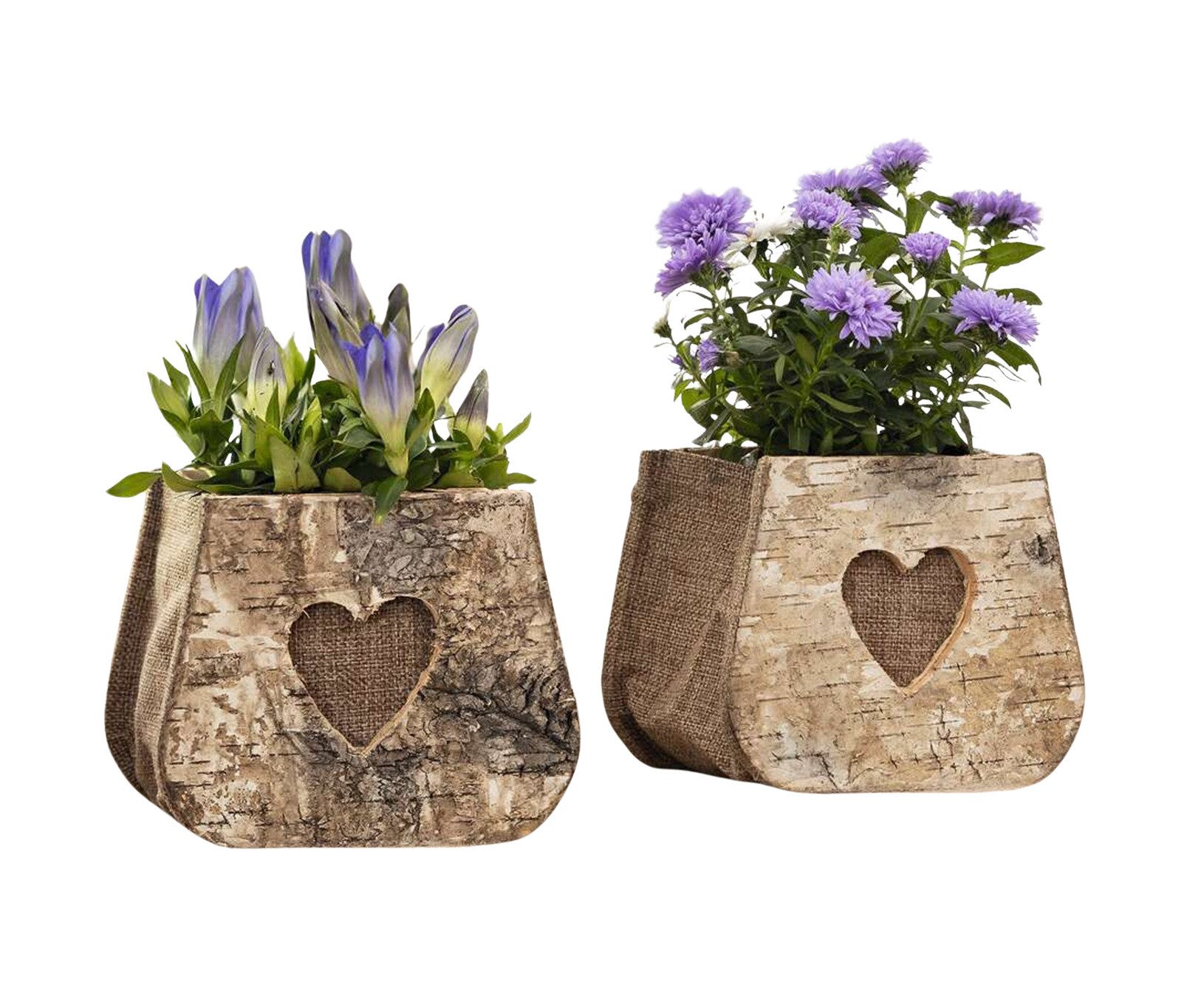 Dekoleidenschaft Blumentopf "Herz" Pflanztasche aus Birke & Stoff, Pflanzgefäße, Holz Pflanztopf (2 St., im Set)