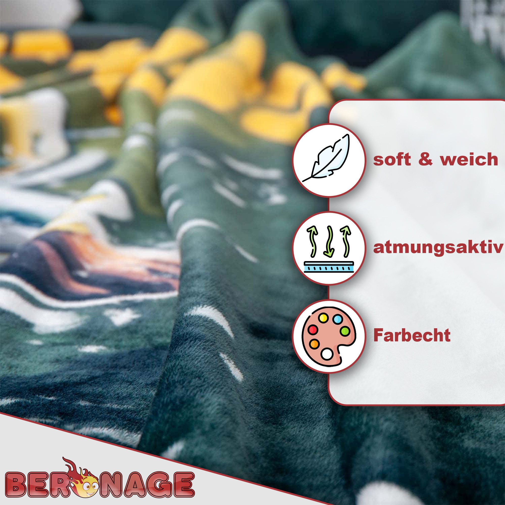 Wohndecke NFL Green Bay Packers Decke 150x200 cm Wellsoft Kuscheldecke Wohndecke, BERONAGE, passend zur Bettwäsche, ideal für Sofa, Couch, Bett, Auto, Camping