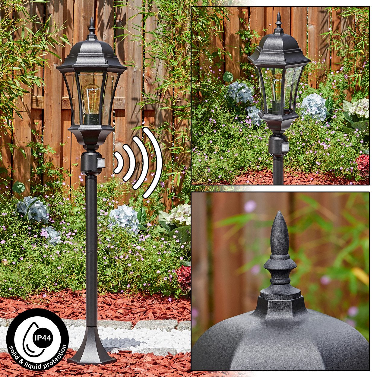 hofstein Pollerleuchte Wegeleuchte m. Bewegungsmelder aus Metall/Glas in Schwarz/Klar, ohne Leuchtmittel, antike Außenleuchte, Gartenlampe, Gartenbeleuchtung IP44, 1 x E27