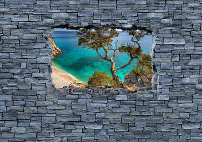 wandmotiv24 Fototapete 3D Alter Baum auf einer Klippe - grobe Steinmauer, strukturiert, Wandtapete, Motivtapete, matt, Vinyltapete, selbstklebend