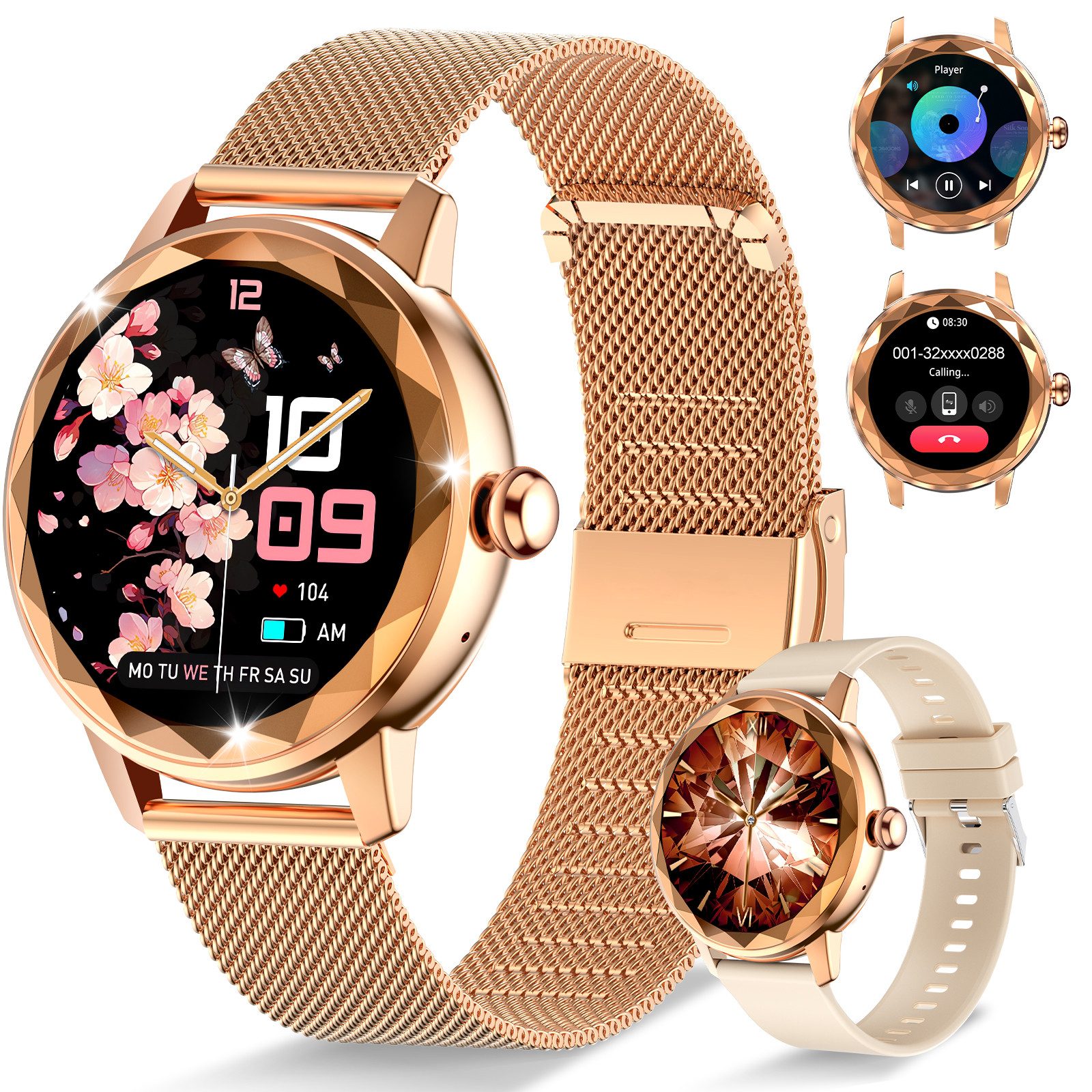 ibettertec Smartwatch Damen, mit Anruffunktion Smartwatch (Fitnessuhr mit Telefonfunktion/WhatsApp Notiz,Smartwatch Fitness Tracker Uhr IP68 Wasserdicht,1.2" HD Voll Touchscreen Fitnessuhr Tracker mit Blutsauerstoff/Pulsmesser/Sportuhr/Schrittzähler/Schla