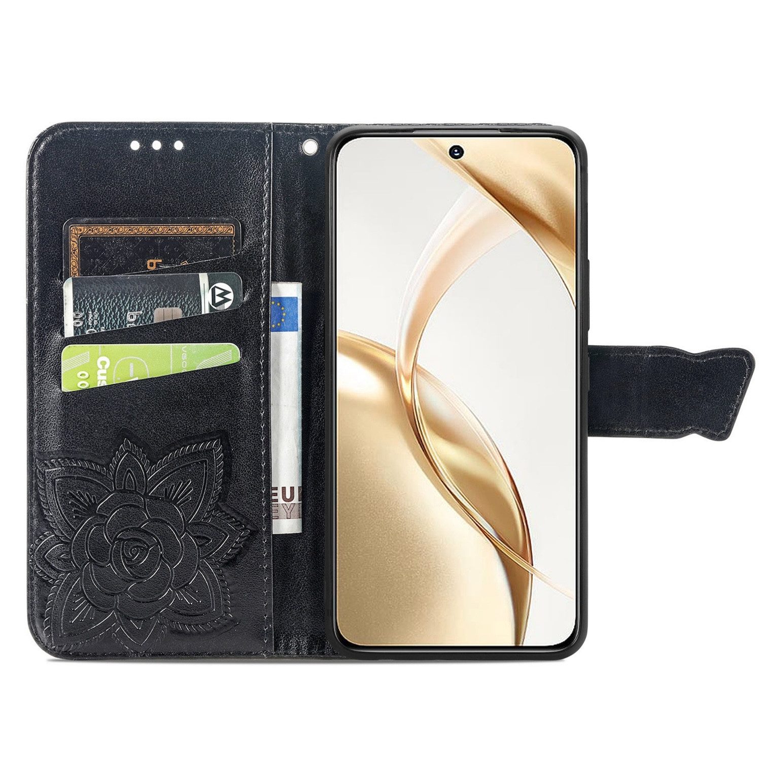 Wigento Smartphone-Hülle Für Honor 200 Kunstleder Wallet Tasche Design Schmetterling Schwarz, Kunst-Leder Schutzhülle Smart Case Cover magnetischer Verschluss