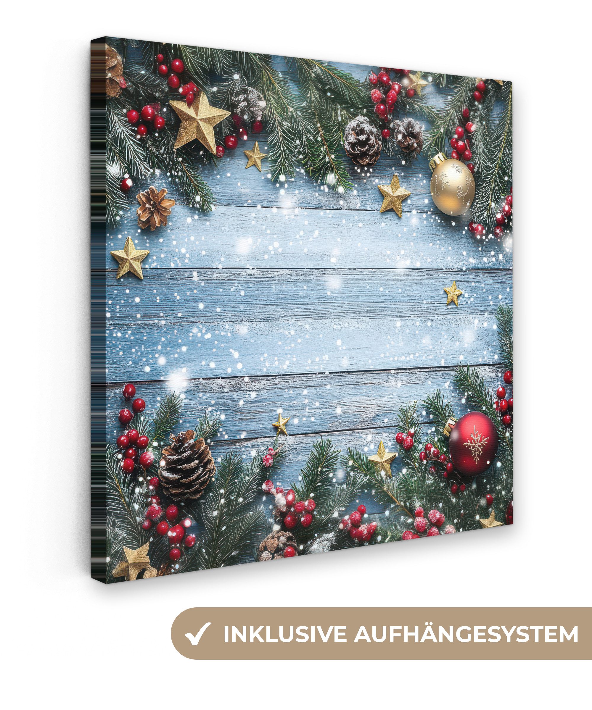 OneMillionCanvasses® Leinwandbild Weihnachtsrahmen - Schnee - Mehrfarbig, Fotodruck (1 St), Wandbild, Deko Schlafzimmer Wohnzimmer Flur 20x20 cm