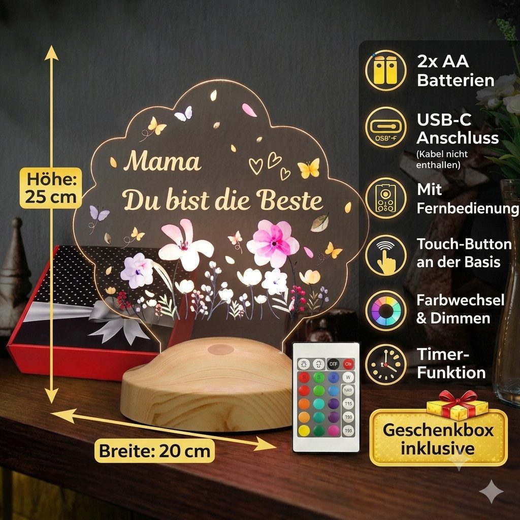 Geschenkelampe LED Nachtlicht LED Nachtlichtlampe Blütenlicht – Mama Du bist die Beste, LED fest integriert, 16 verschiedene Farben, Tageslichtweiß, Muttertag – Bild 4 von 5