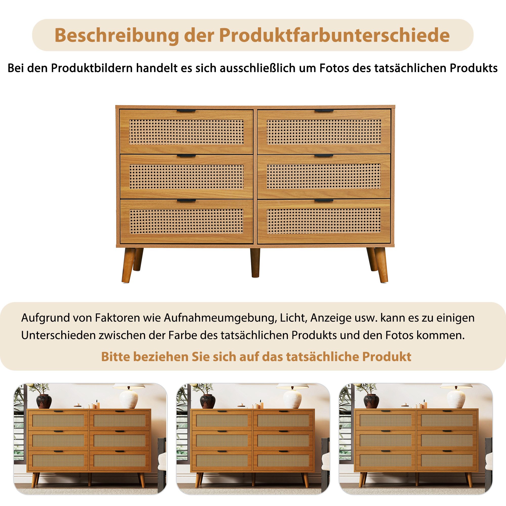 Flieks Kommode mit 6 Schubladen Rattan (B120/H76,5/T40 cm, 1 St), Sideboard Schubkastenkommode Aufbewahrungsschrank, Massivholzbeine
