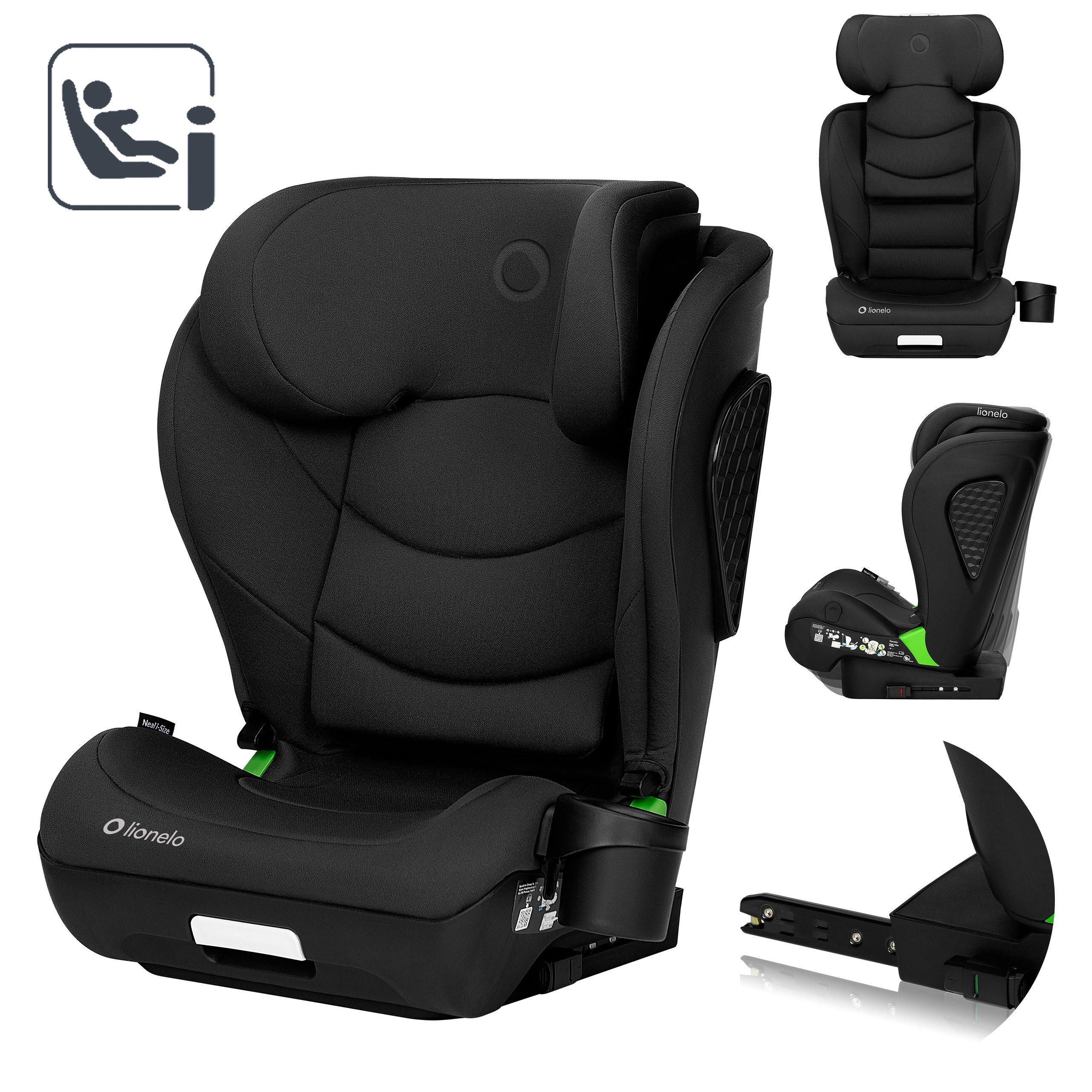 lionelo Autokindersitz NEAL I-SIZE, ab: ca. 3,5 Jahre (entsprechend einer Körpergröße ab 100 cm)., bis: ca. 12 Jahre (entsprechend einer Körpergröße bis 150 cm)., ab: 100 cm, bis: 150 cm, (Set mit Getränkehalter und Isofix-Adapter), Isofix&Gurt/Waschbarer