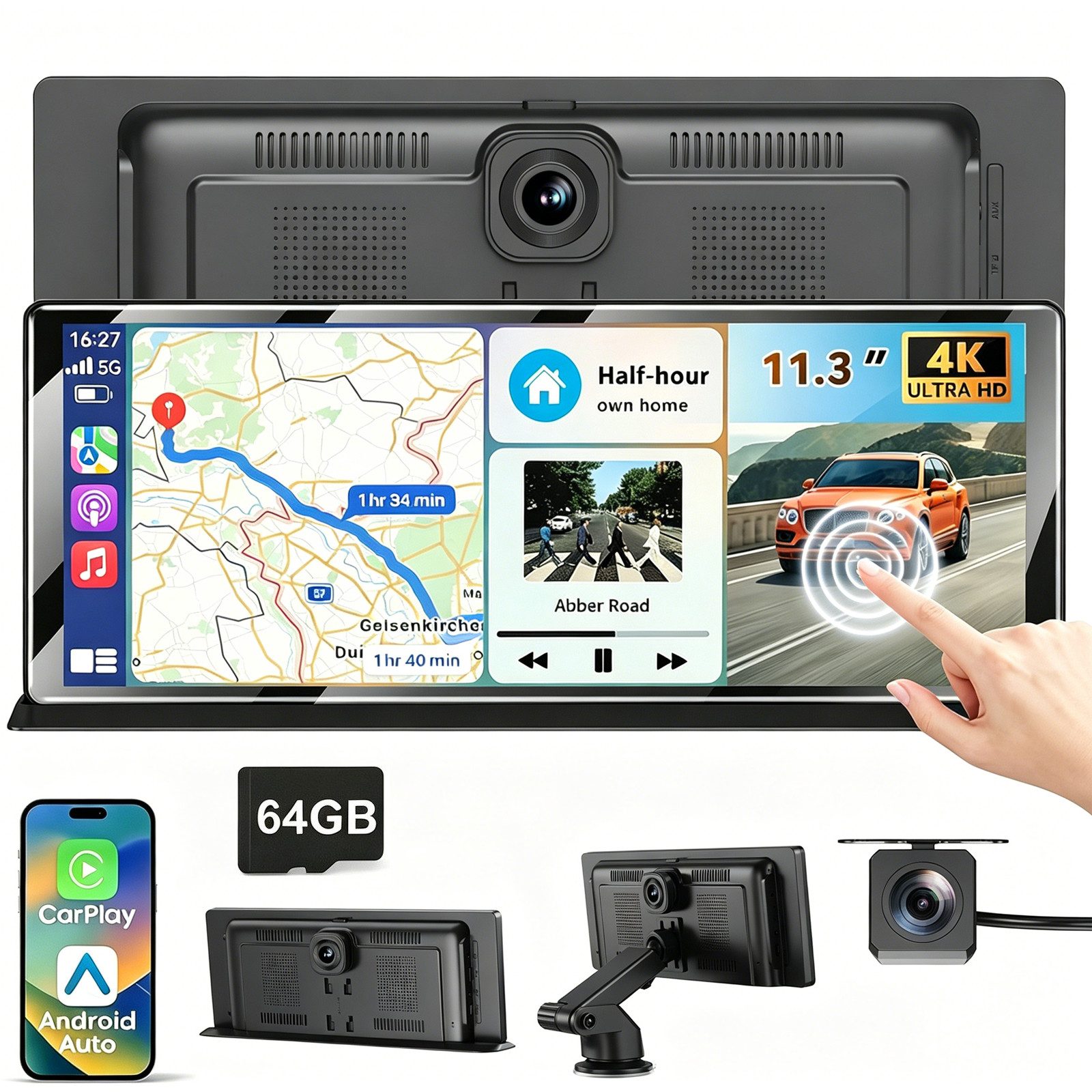 ESSGOO 4K 11.3'' Wireless Carplay Android Auto Dashcam mit Rückfahrkamera GPS Navigationsgerät (Apple Carplay Android Auto GPS Navi WIFI BT EQ)