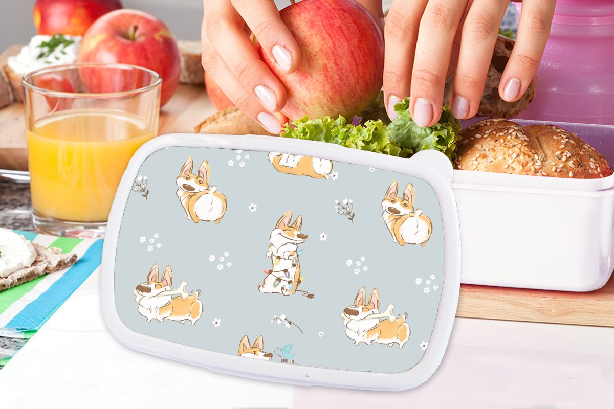 MuchoWow Lunchbox Hund Mädchen für - Kinder, und - Kinder weiß - Erwachsene, - Corgi Mädchen Jungen Kunststoff, Brotbox Muster Jungs - für Kinder (2-tlg), und - Brotdose