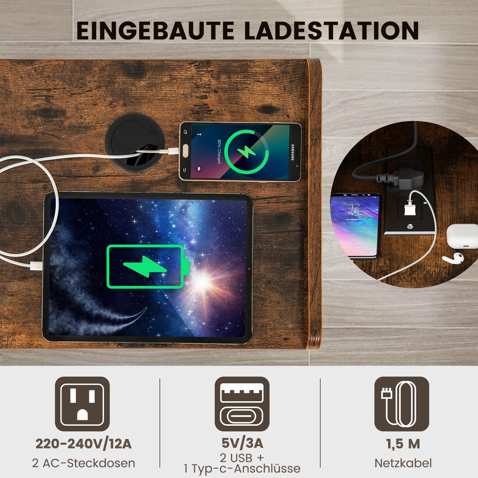COSTWAY Nachttisch, Plattenspieler-Ständer mit Ladestation & Ablagen, Holz