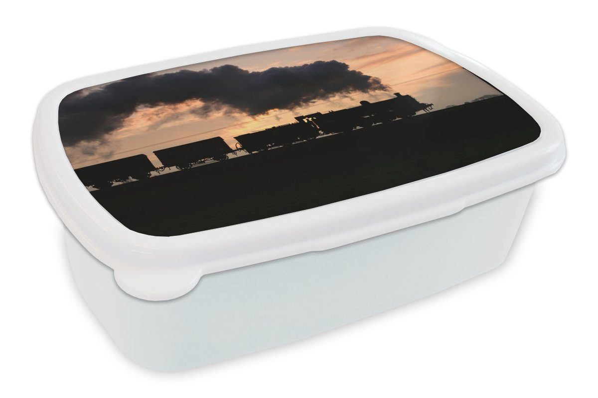 MuchoWow Lunchbox Eine Dampflokomotive bei Sonnenuntergang, Kunststoff, (2-tlg), Brotbox für Kinder und Erwachsene, Brotdose, für Jungs und Mädchen weiß | Lunchboxen