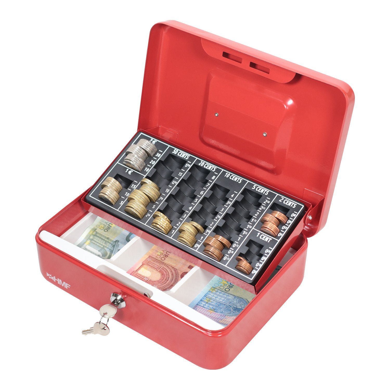 Schlüssel, robuste HMF Geldkassette Scheinfach, Bargeldkasse mit Münzzählbrett abschließbare 25x18x9 rot und mit cm Geldbox
