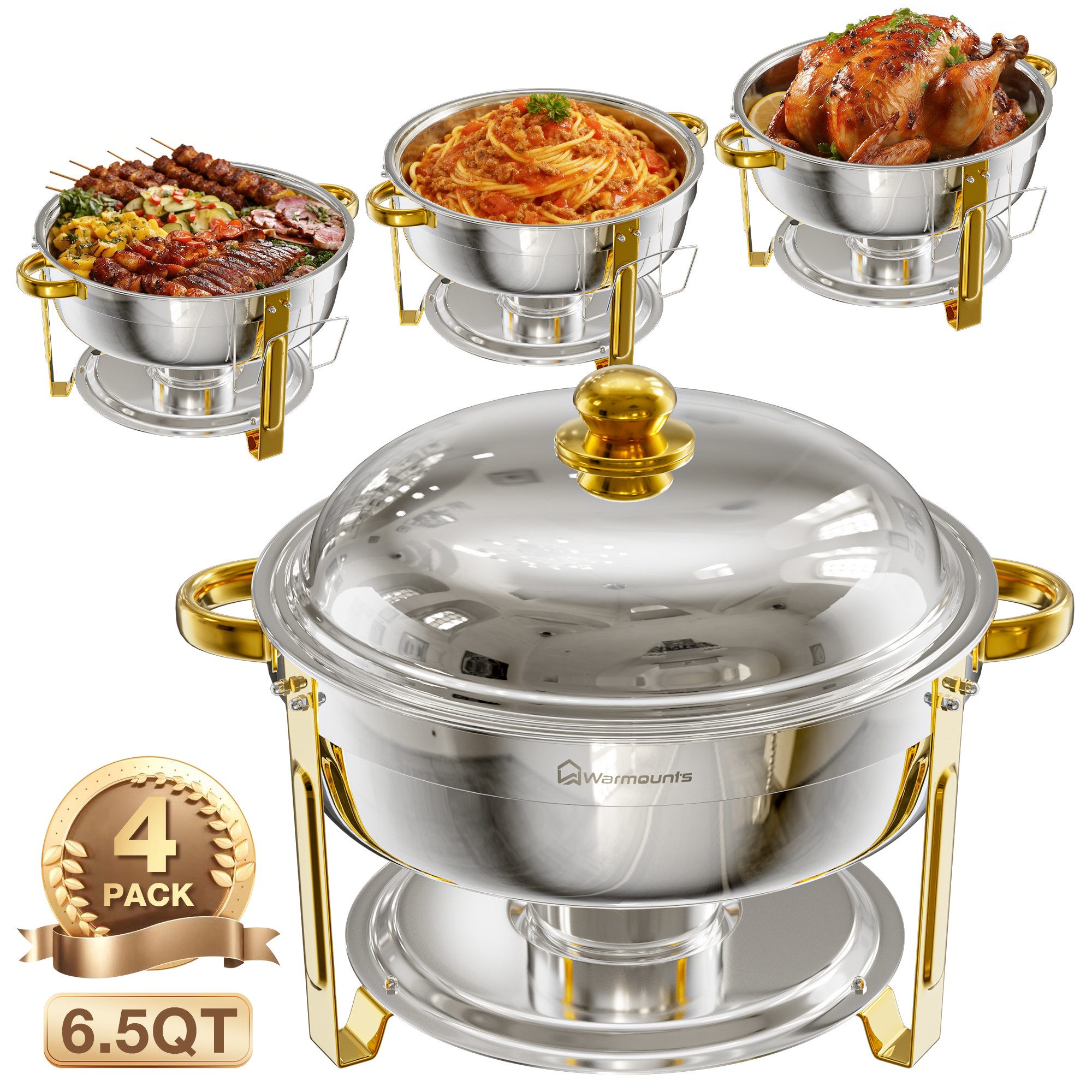Warmounts Speisenwärmer 6,2L Buffetwärmer Edelstahl Rund, (4-tlg., 6,5QT Buffet Warmhalter Set), mit Deckelhalter für Catering, Hochzeit, Party