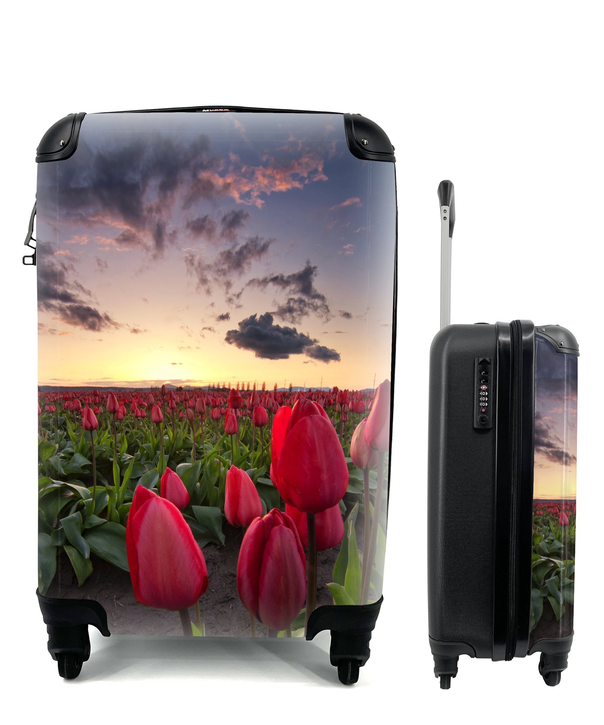 für Reisetasche Rote Trolley, rollen, MuchoWow Reisekoffer Ferien, Sonnenuntergang, mit ein und Rollen, 4 Tulpen Handgepäck Handgepäckkoffer