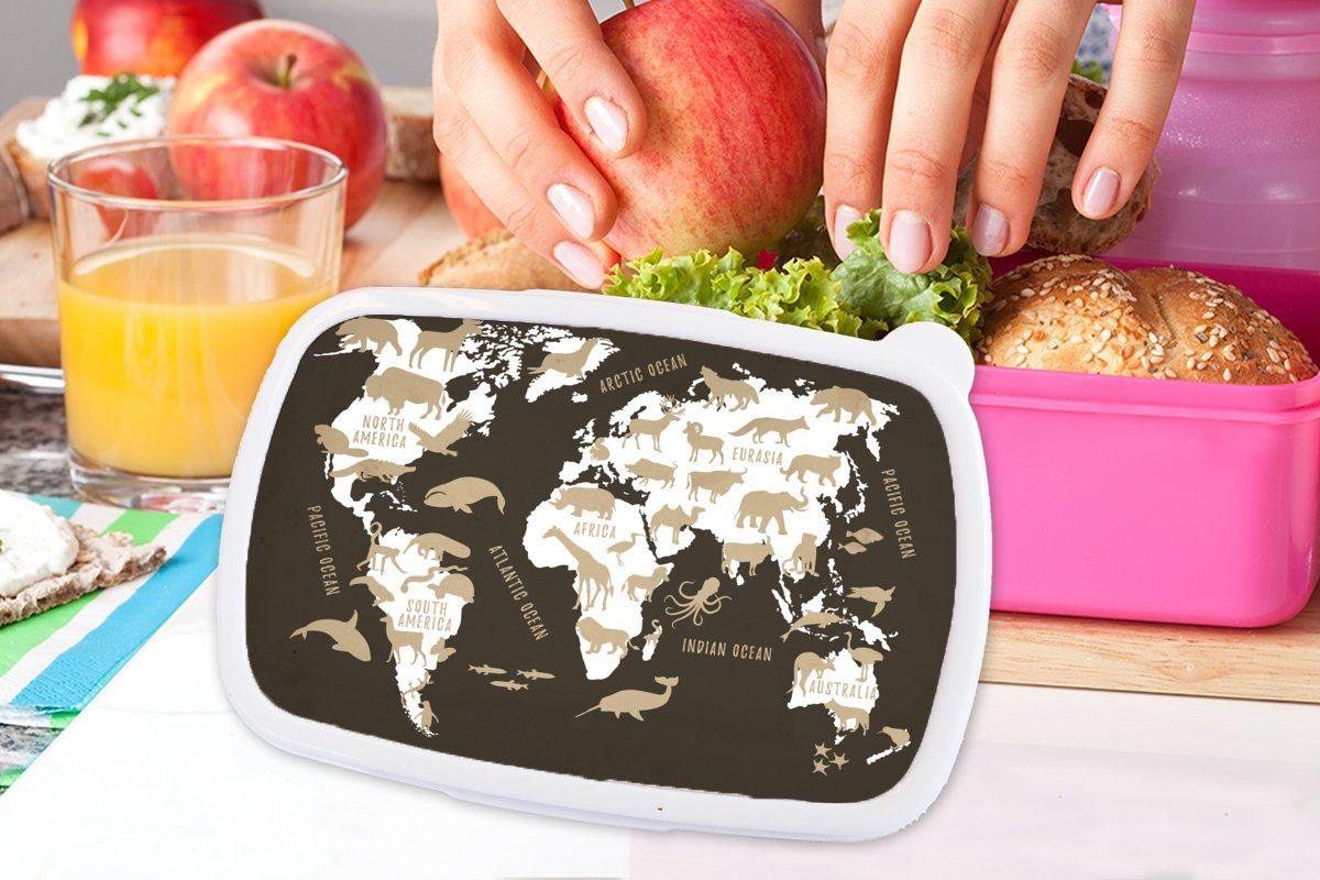 Beige, MuchoWow Brotdose Brotbox Erwachsene, - Kinder, für - rosa Lunchbox Kunststoff (2-tlg), Weltkarte Mädchen, Kunststoff, Snackbox, Tiere