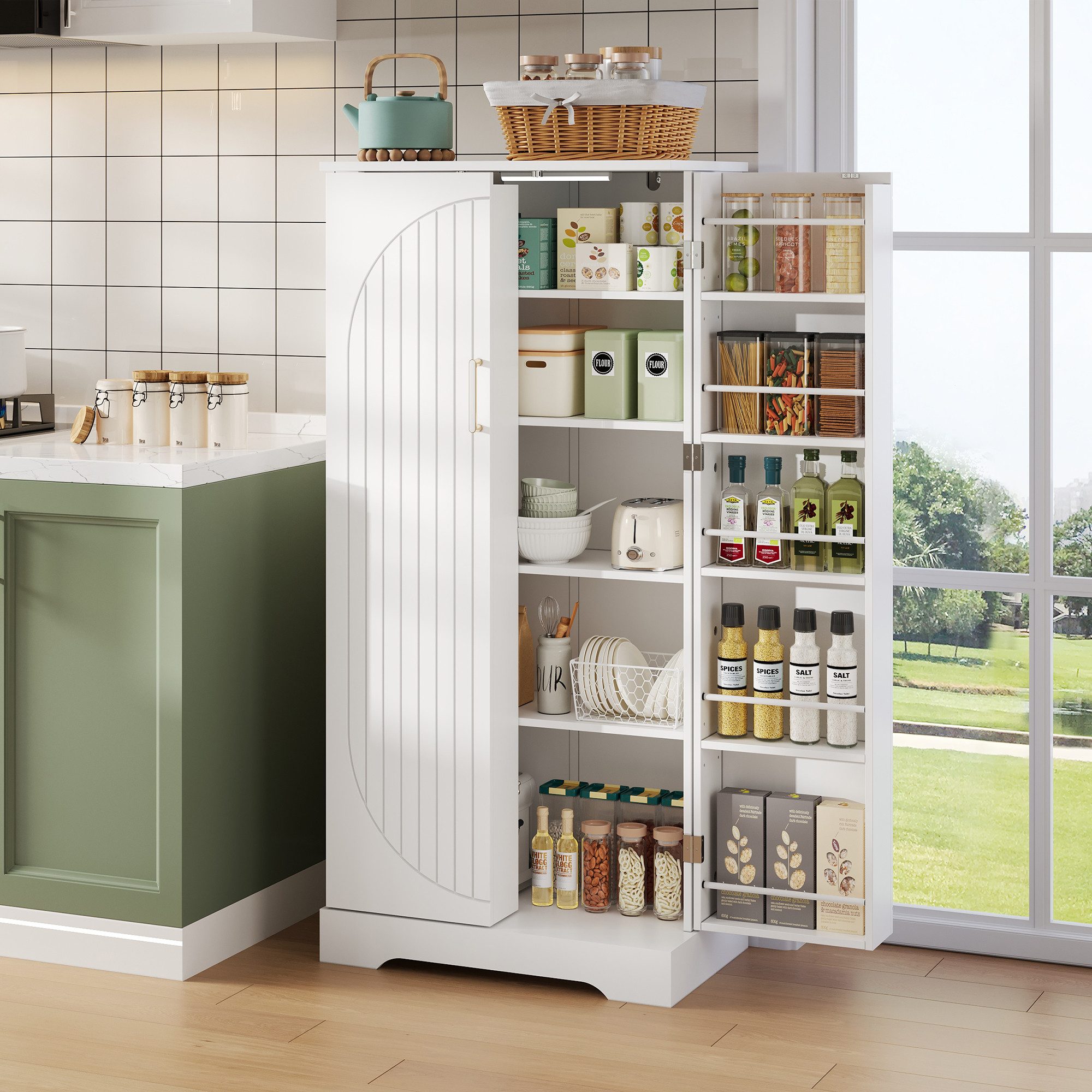 Yorbay Mehrzweckschrank Küchenschrank mit LED-Sensorlicht & höhenverstellbaren Regalen (60×35×128 cm) Doppeltüren Vorratschrank für Küche, Wohnzimmer & Esszimmer