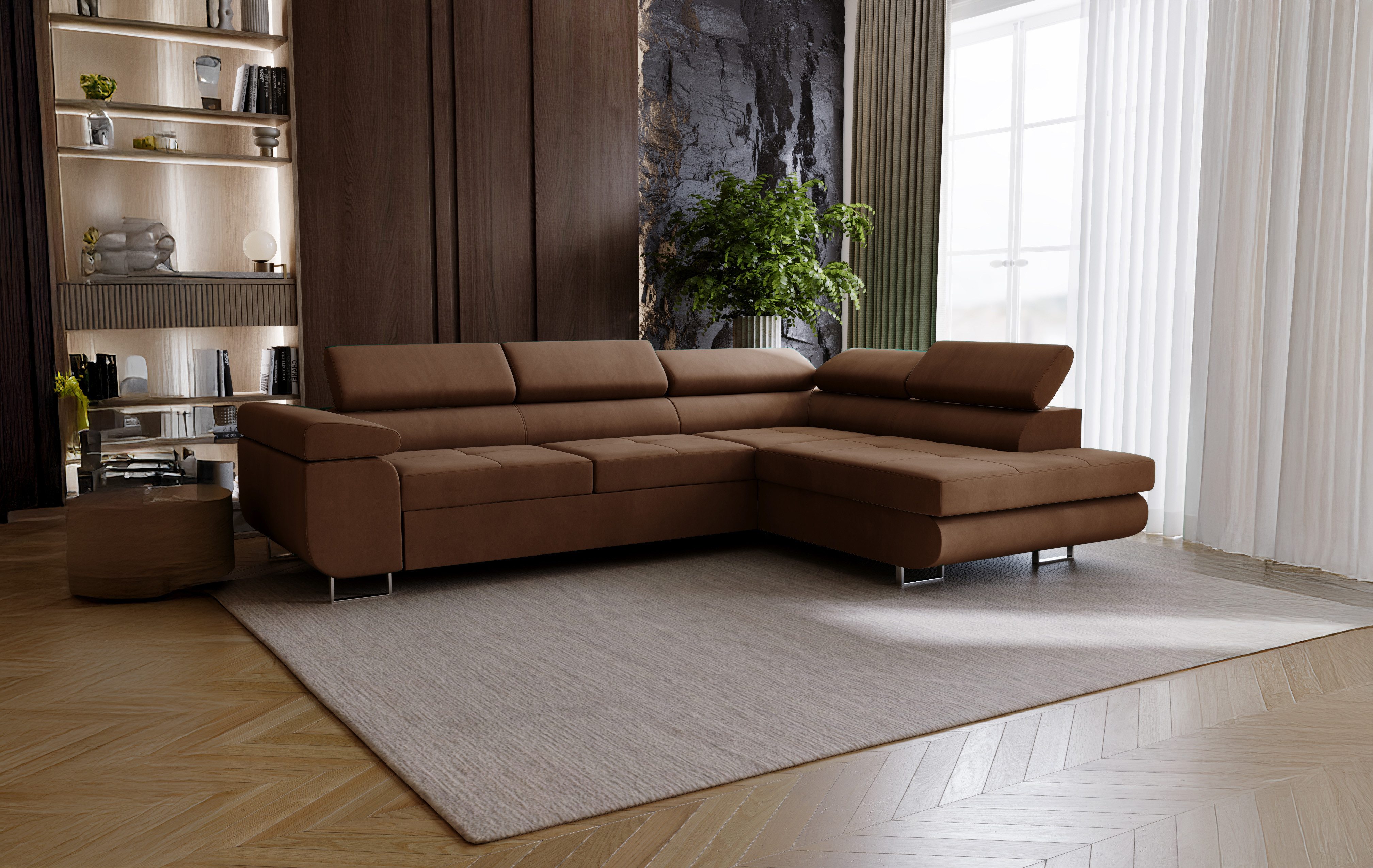 Goldstoff Ecksofa mit Schlaffunktion - Designersofa, Sofa mit Bettfunktion günstig online kaufen