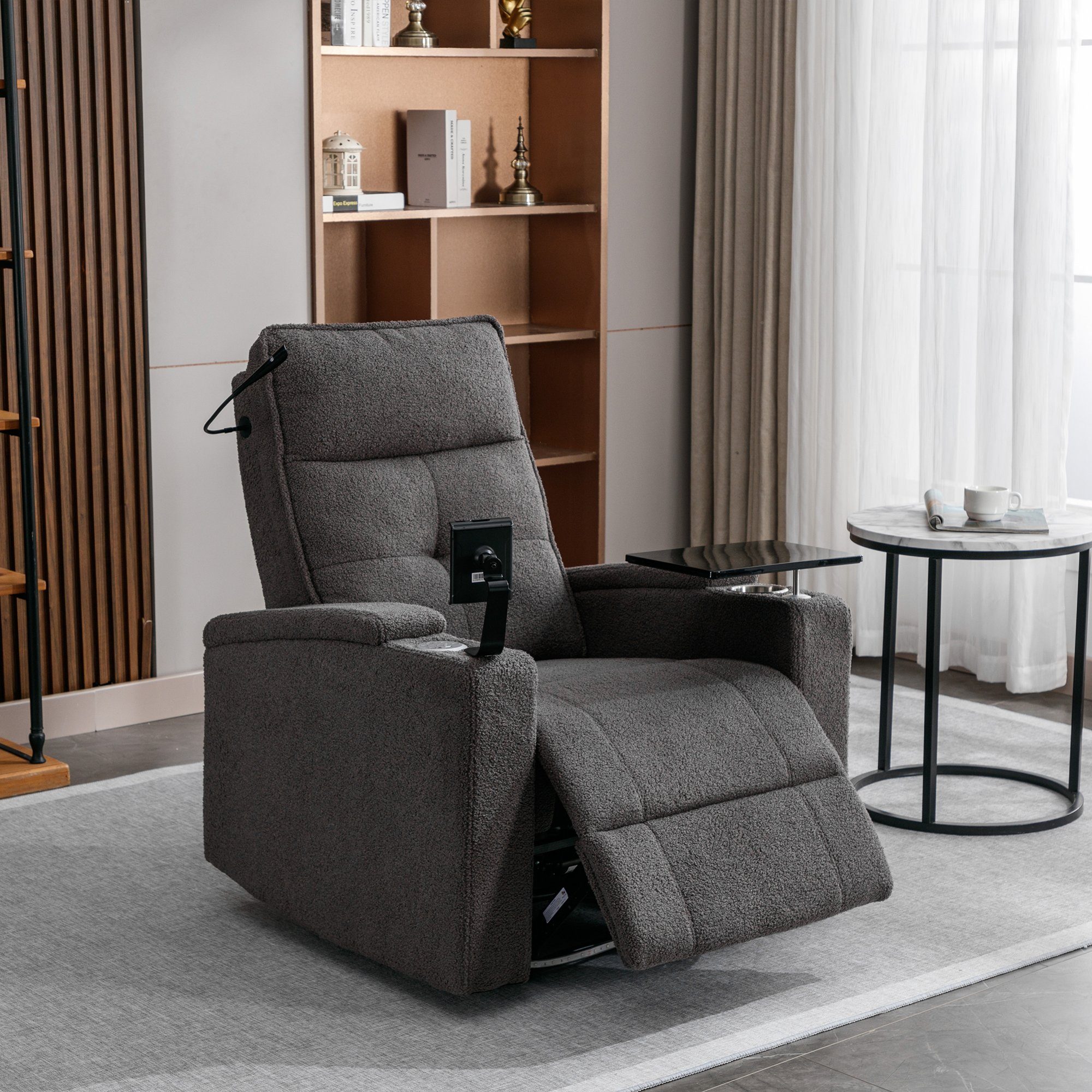 REDOM Relaxsessel TV-Sessel mit Liegefunktion (Fernsehsessel Tabletttisch und Handyhalter, mit Leselampe), verstellbar, elektrisch mit USB