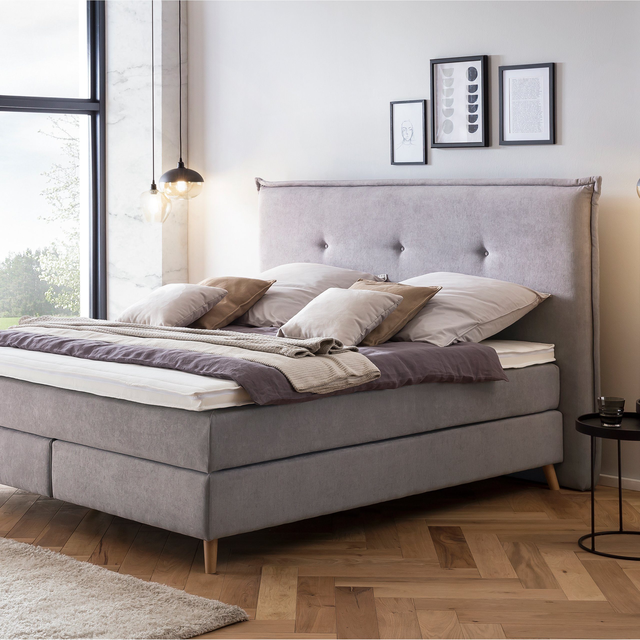 Möbelfreude Boxspringbett Boxspringbett Aurel 140x200 cm Hellgrau Uni H2, 140x200 cm Hellgrau H2, 7-Zonen Tonnentaschenfederkern Matratze & Vis