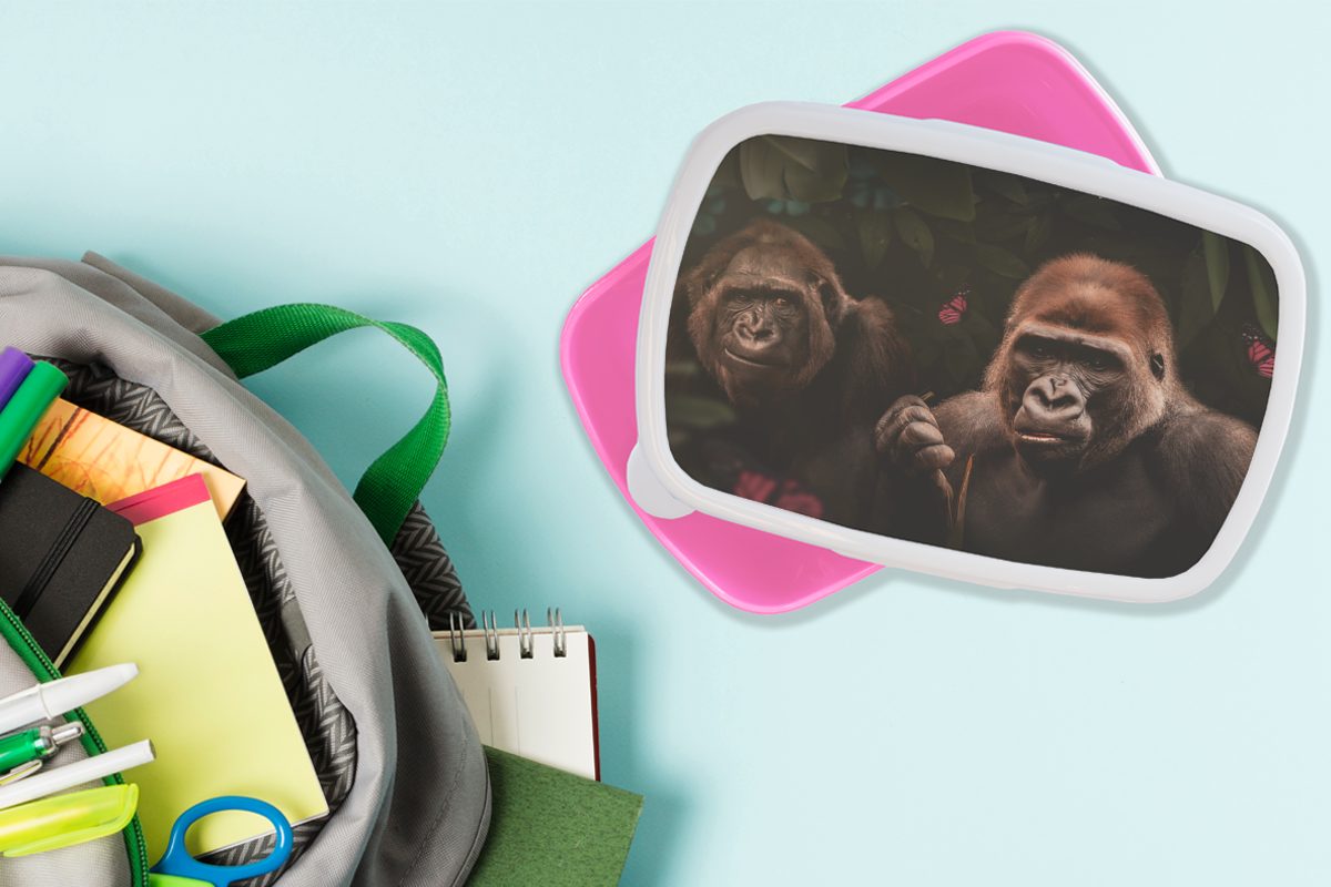 MuchoWow Lunchbox Gorilla für Pflanzen Brotdose Dschungel - Schmetterling, Brotbox Kinder, - Erwachsene, Snackbox, (2-tlg), - rosa Kunststoff, Mädchen, Kunststoff